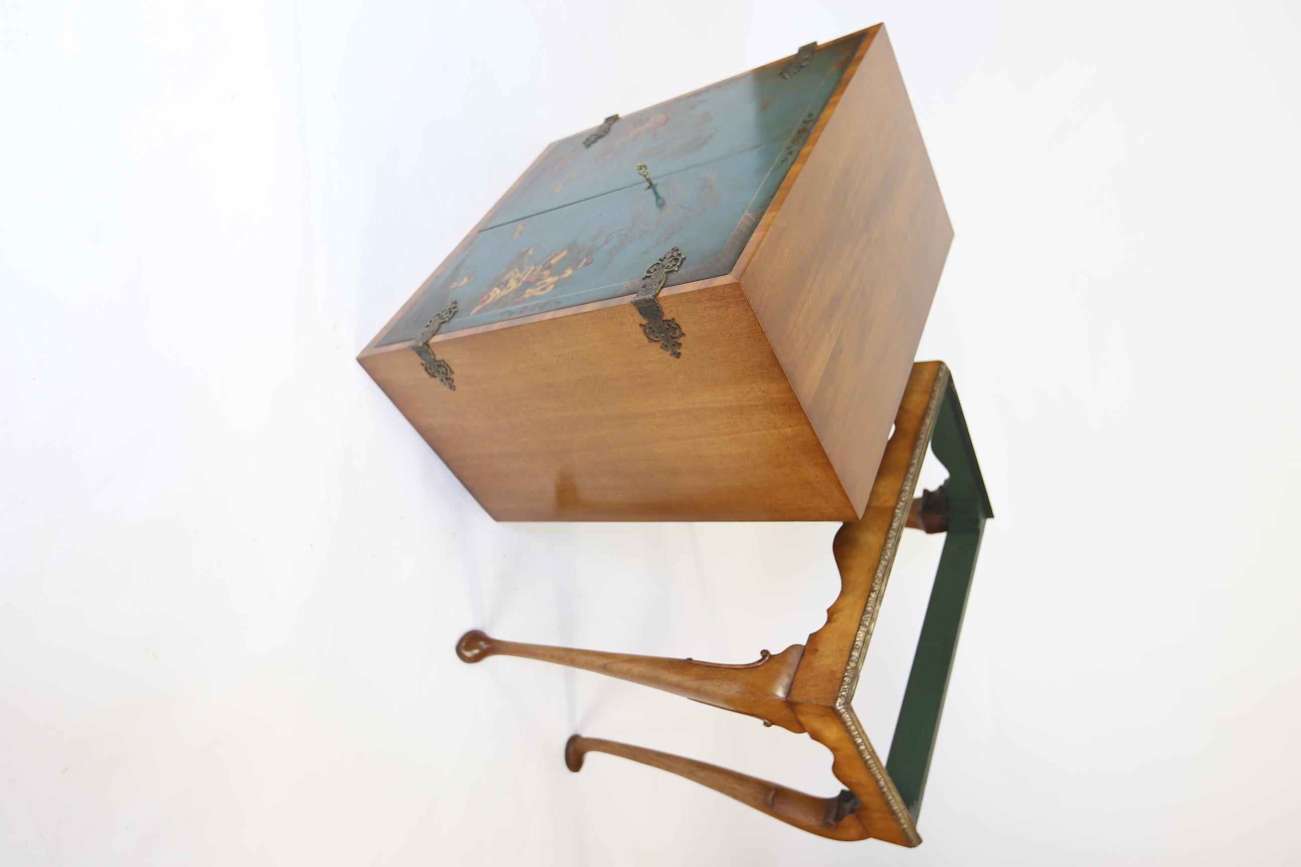 Chinoiserie & walnut Cocktail Cabinet  on stand circa 1930s For Sale 4