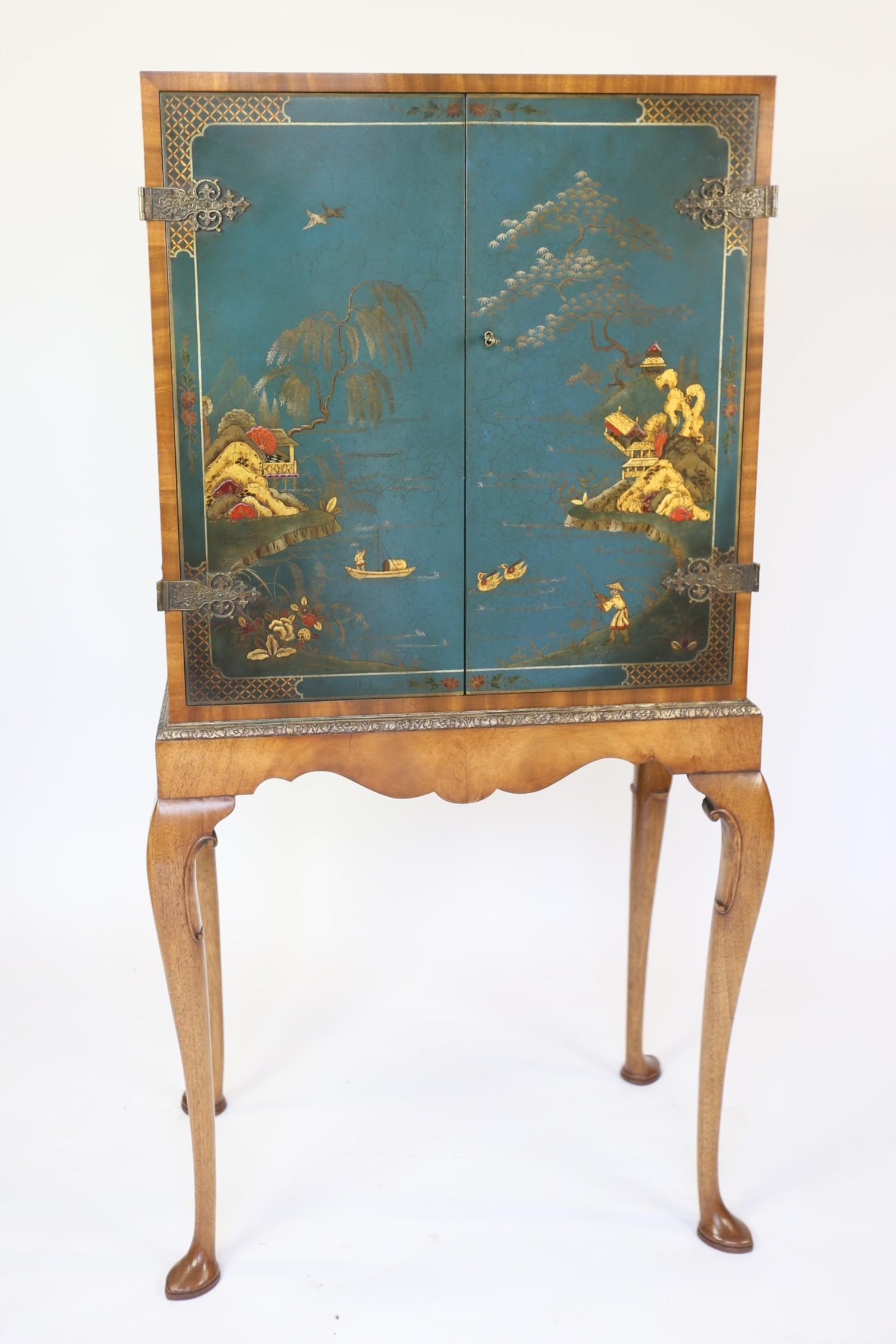 Queen Anne Chinoiserie & walnut Cocktail Cabinet  on stand circa 1930s For Sale