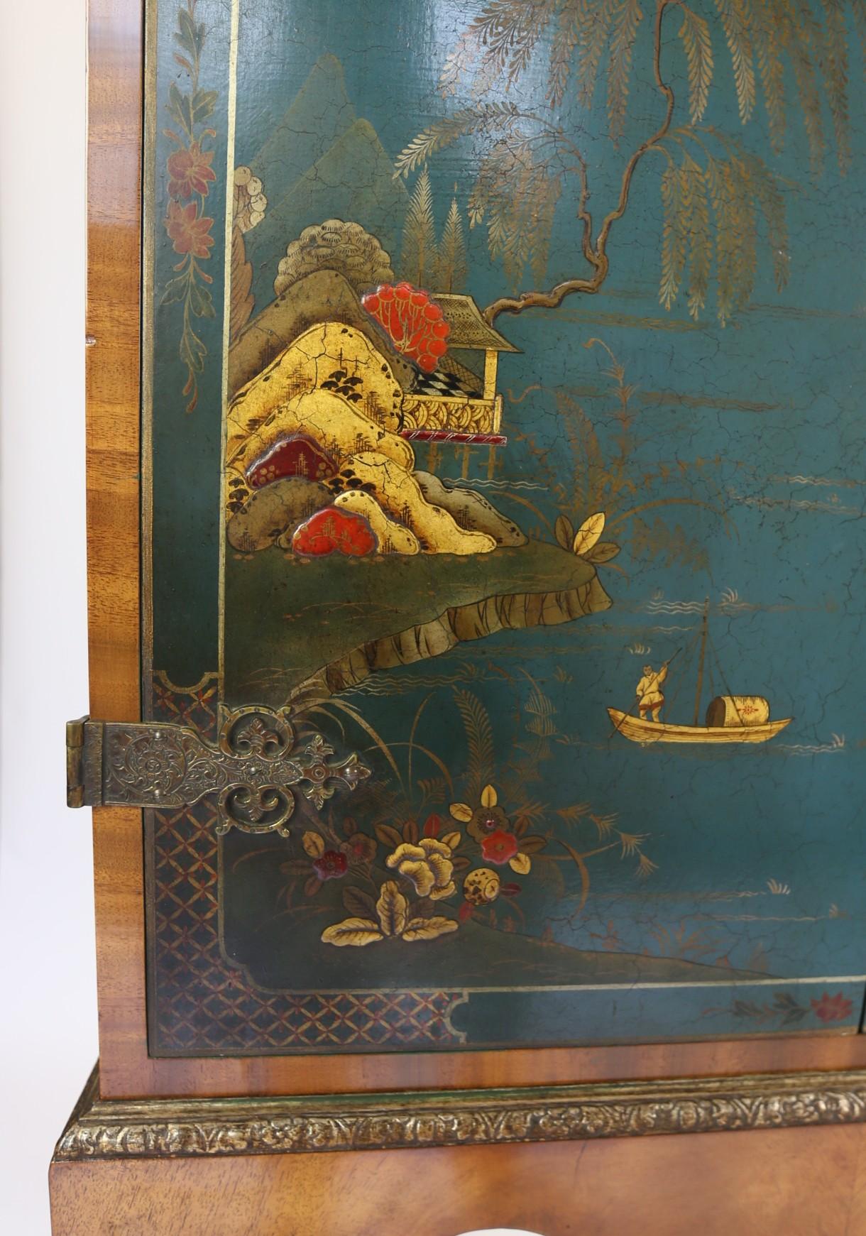 British Chinoiserie & walnut Cocktail Cabinet  on stand circa 1930s For Sale