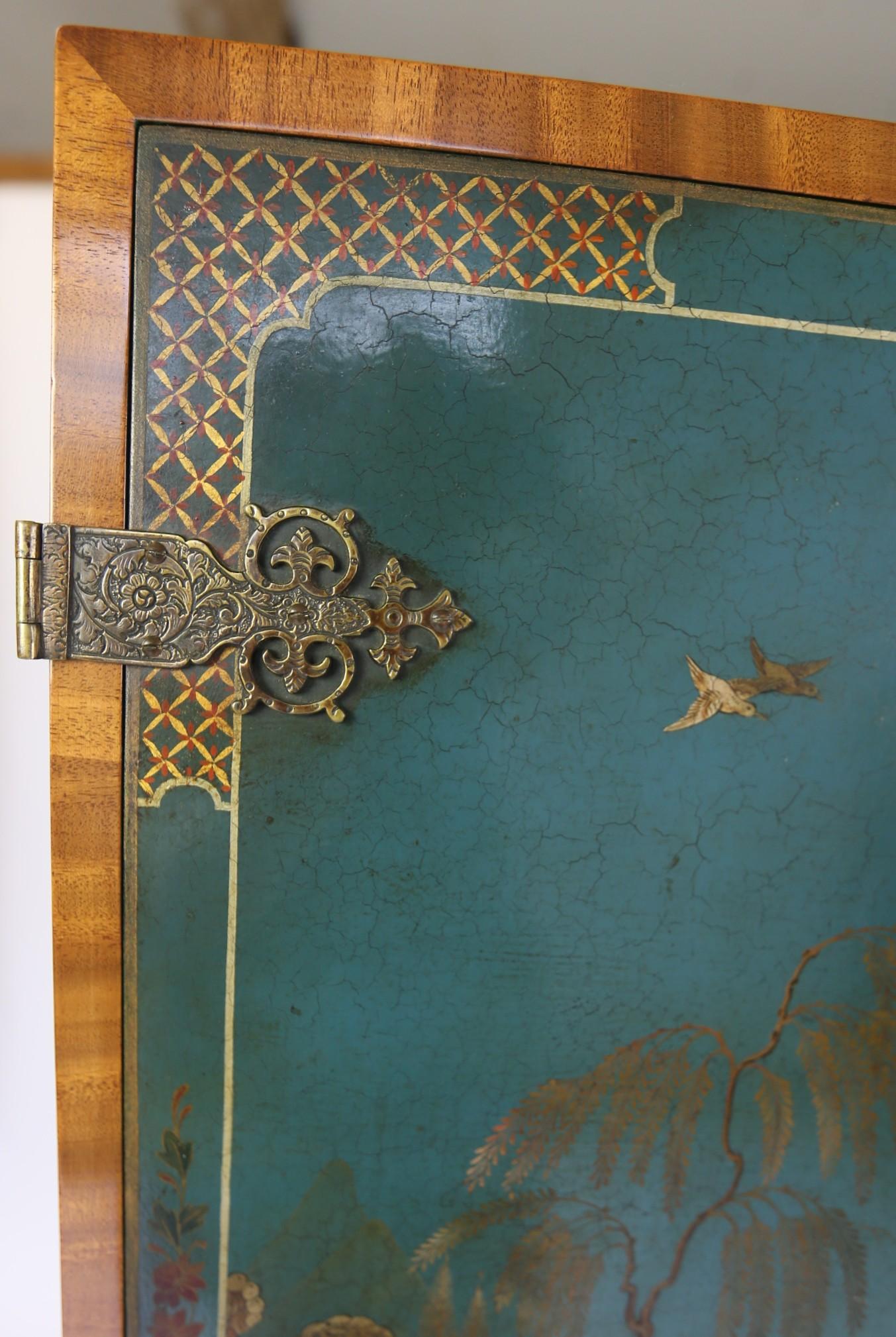 Chinoiserie & walnut Cocktail Cabinet  on stand circa 1930s In Good Condition For Sale In Dereham, GB