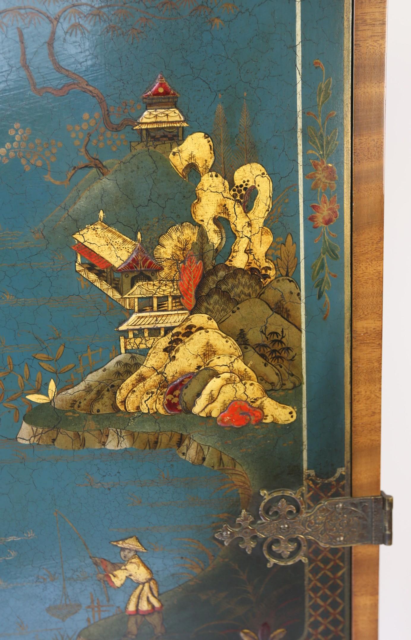 Mid-20th Century Chinoiserie & walnut Cocktail Cabinet  on stand circa 1930s For Sale
