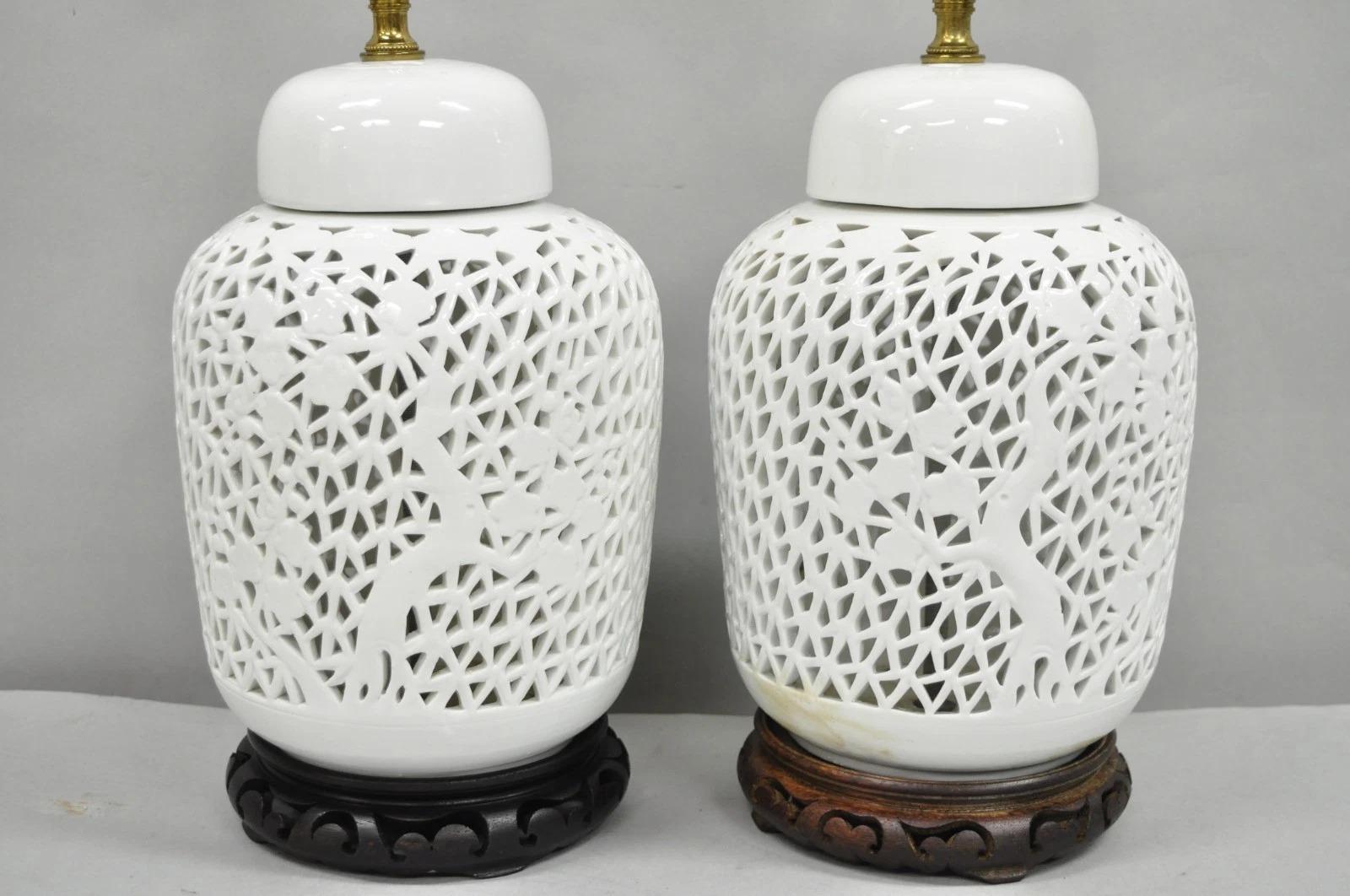 Chinoiserie Blanco Blanc De Chine Porcelana Jengibre Jarra Oriental Lámpara de Mesa Pareja Desconocido en venta