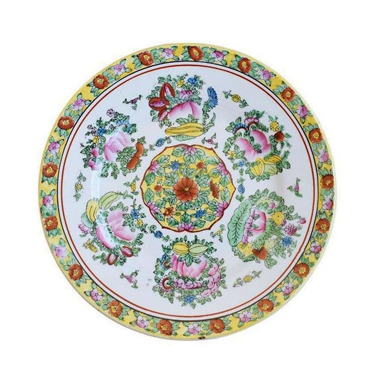 Chinese Chinoiserie Yellow Famille Jaune Decorative Floral Motif Wall Plate For Sale