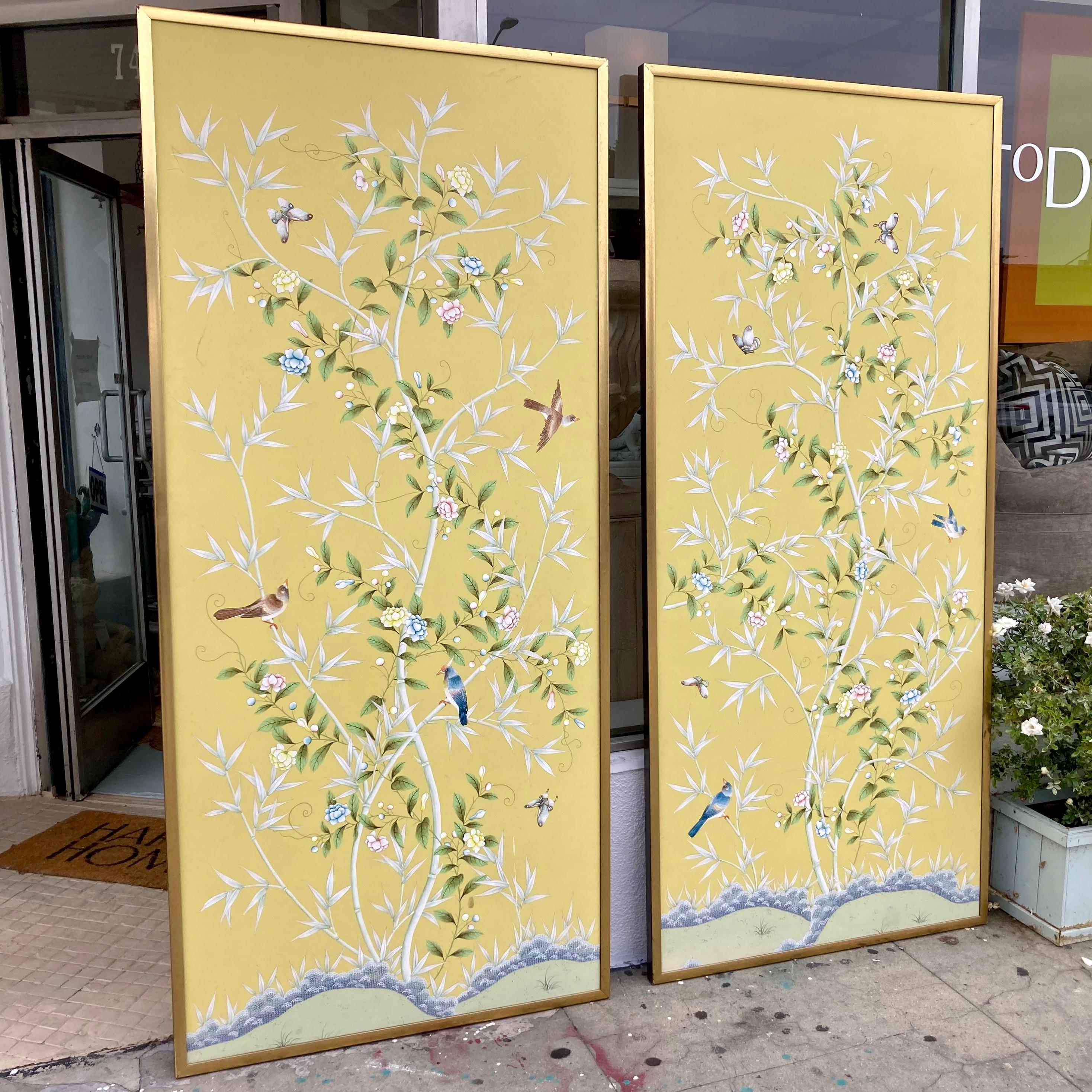 Chinese Chinoiserie Yellow Wallpaper Panels, a Pair For Sale