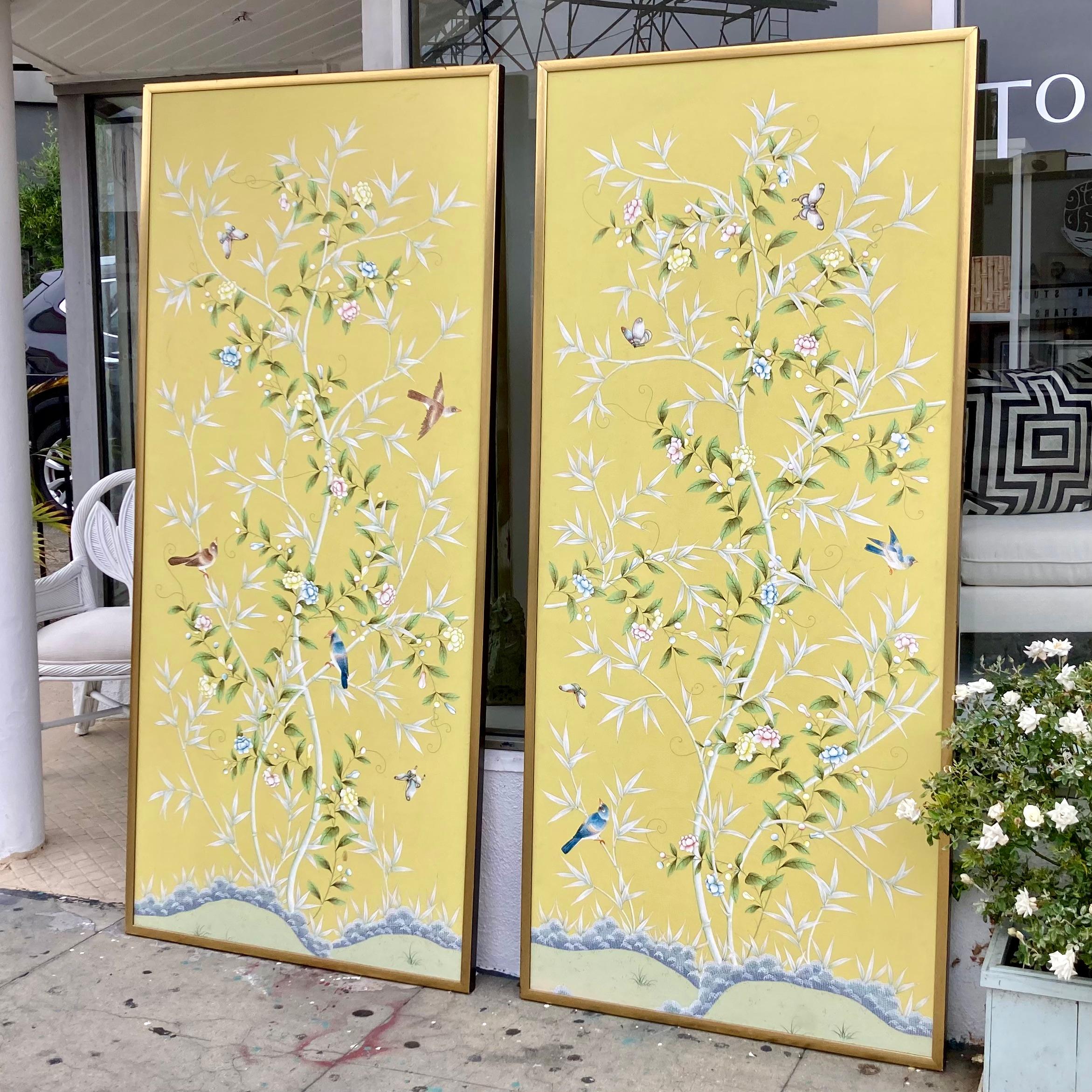 Chinoiserie Yellow Wallpaper Panels, a Pair In Good Condition For Sale In Los Angeles, CA