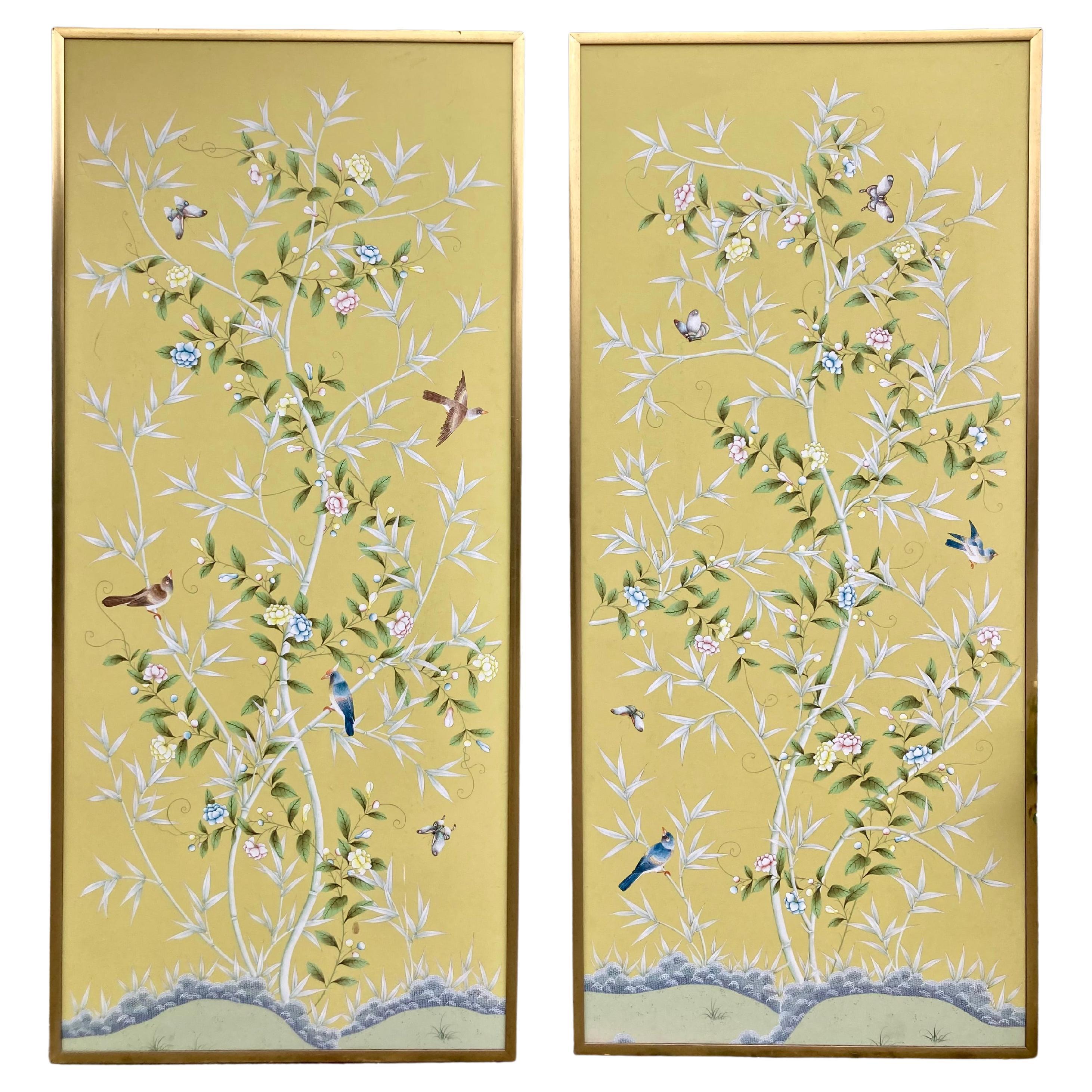 Chinoiserie Yellow Wallpaper Panels, a Pair For Sale