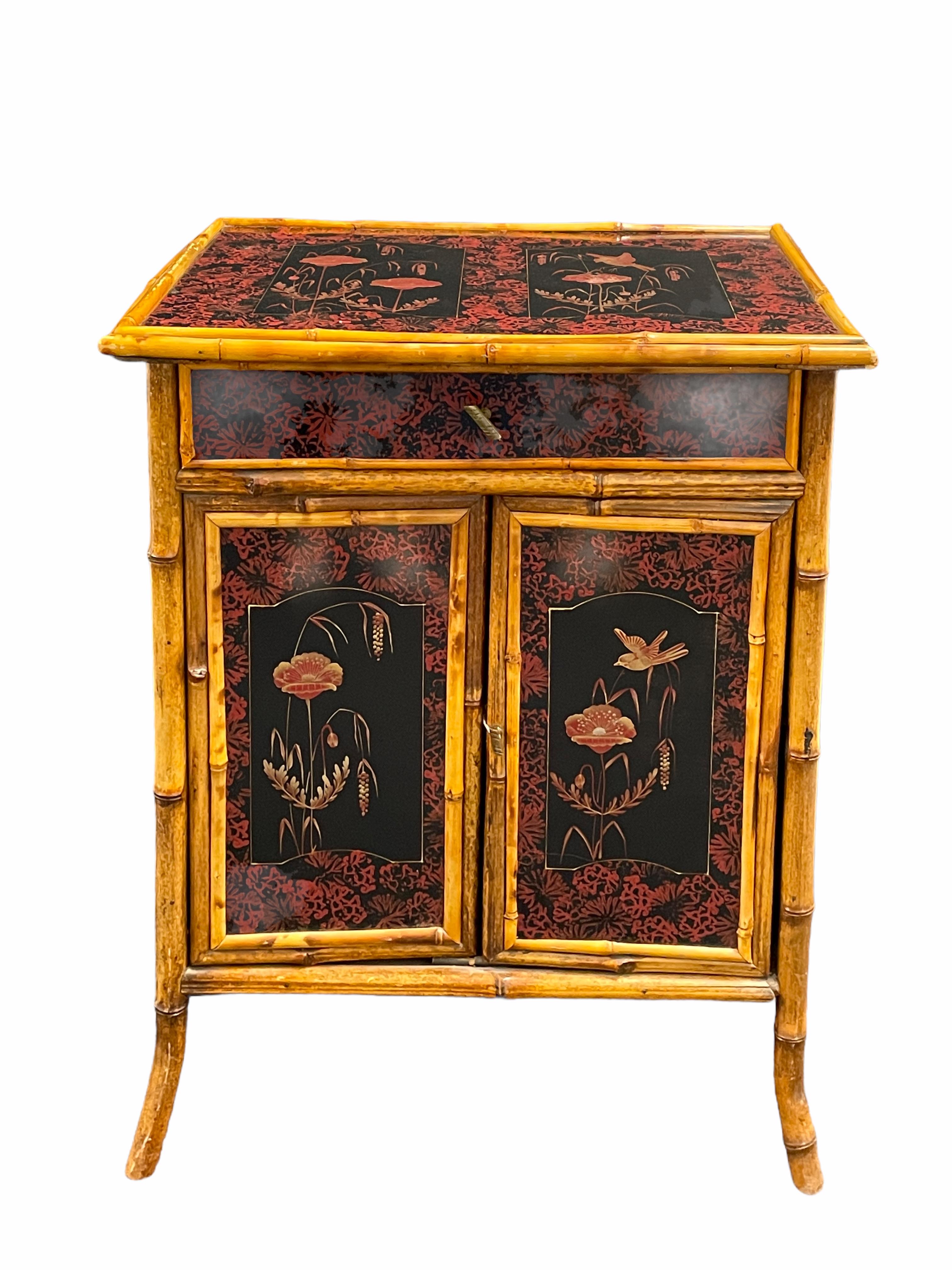 Beautiful Chinoiseries cupboard with drawer. Perfect as a furniture in your dressing room for your lingerie. It could also be great at the end of a narrow hallway with a mirror or artwork hung above it. The piece is in beautiful antique condition