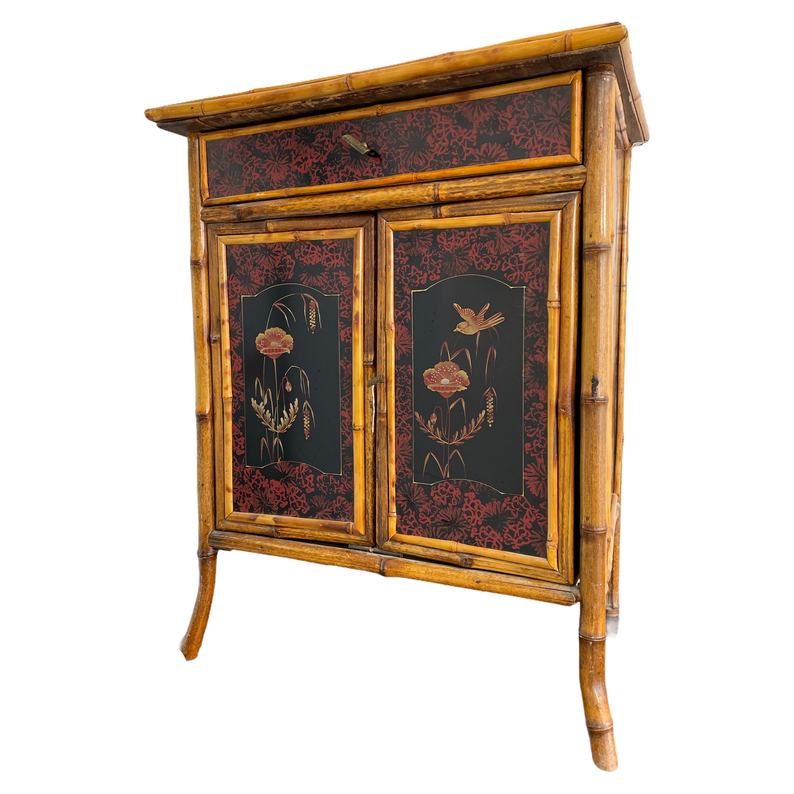 Chinoiseries Wood Rattan Bamboo Cupboard with Drawer Art Nouveau German, 1910s
