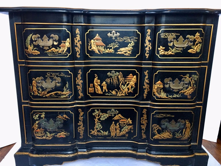 Chinoiserie Asian Style Serpentine Chest Dresser And Wall Mirror