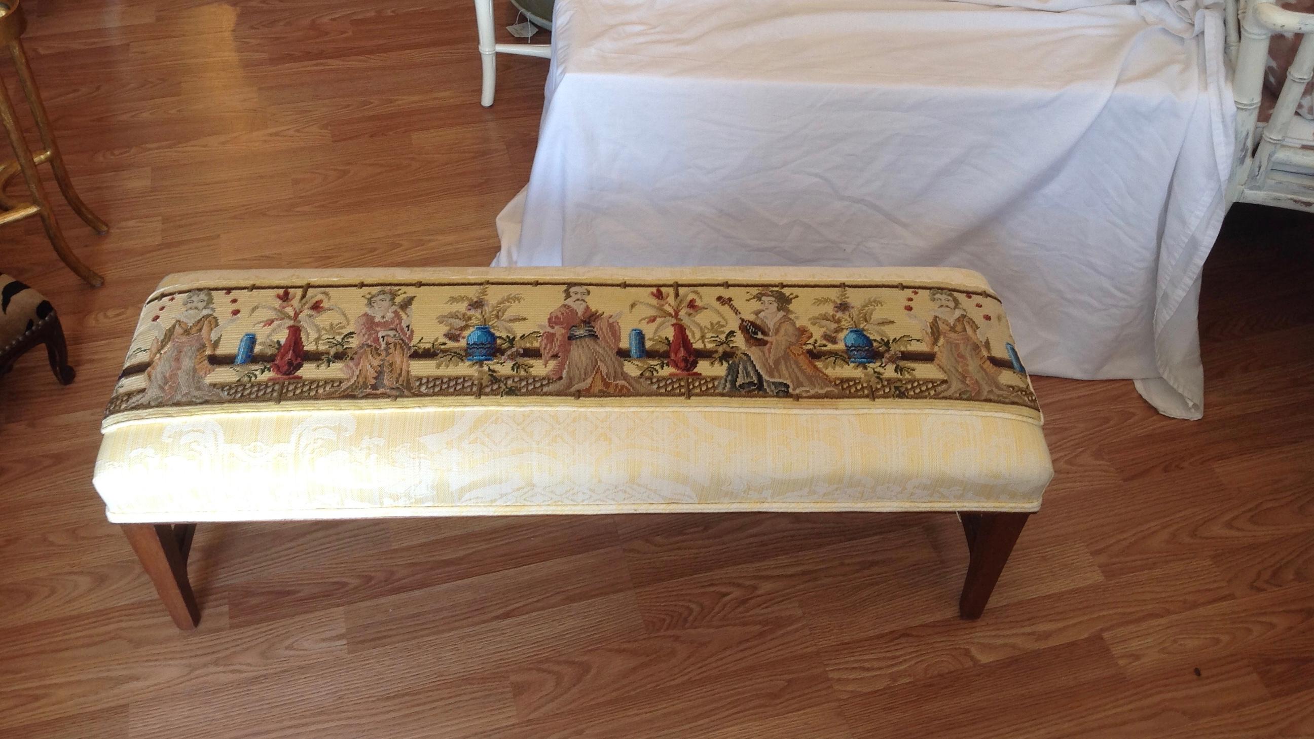 Upholstery Chinoserie Appointed English Long Bench For Sale