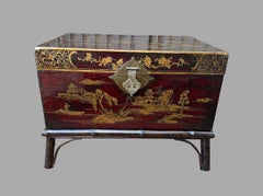 Chinoiserie Decorated Black Leather Trunk on Later Faux Bamboo Custom Stand