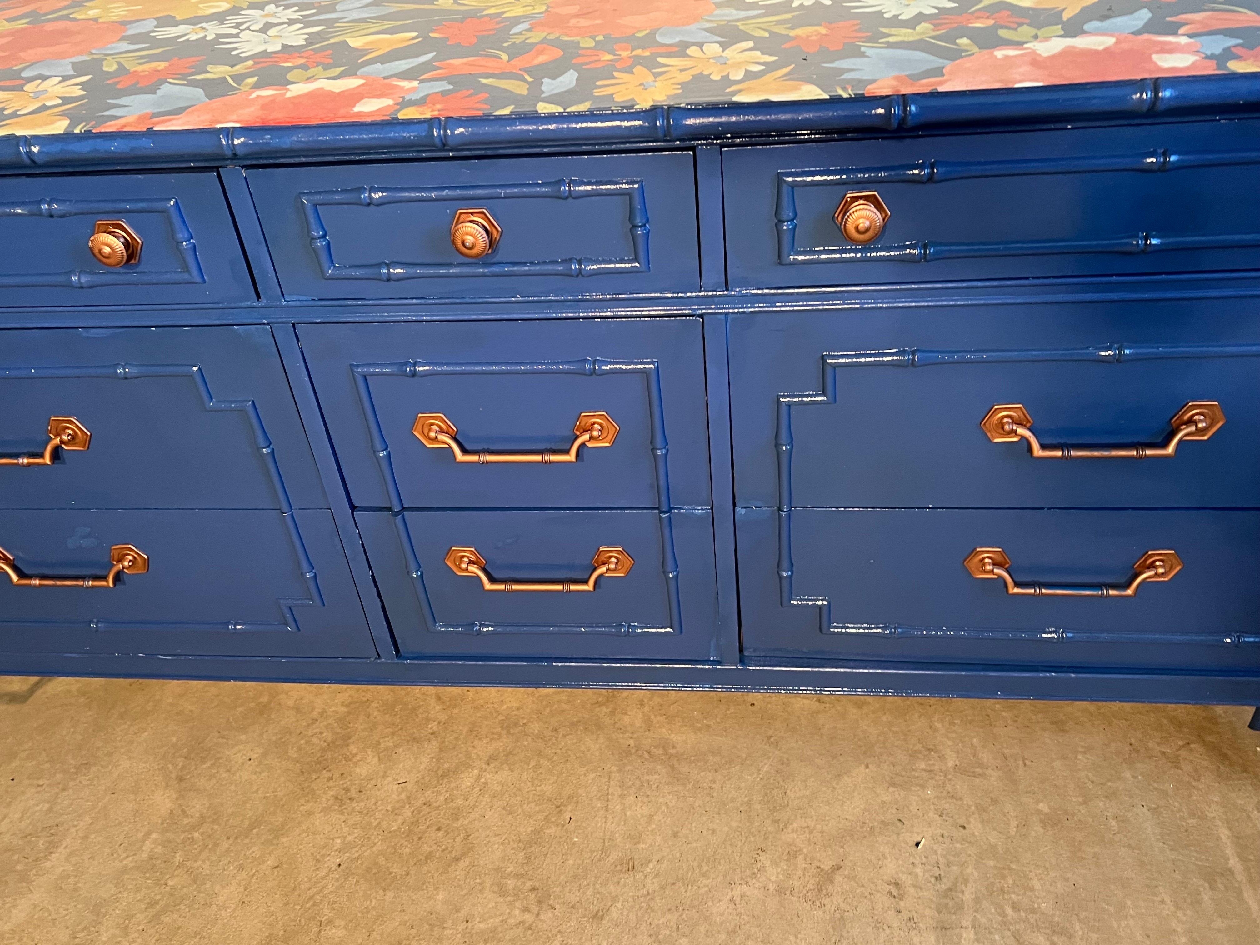 Chinoserie Faux Bamboo Dresser in Blue For Sale 5