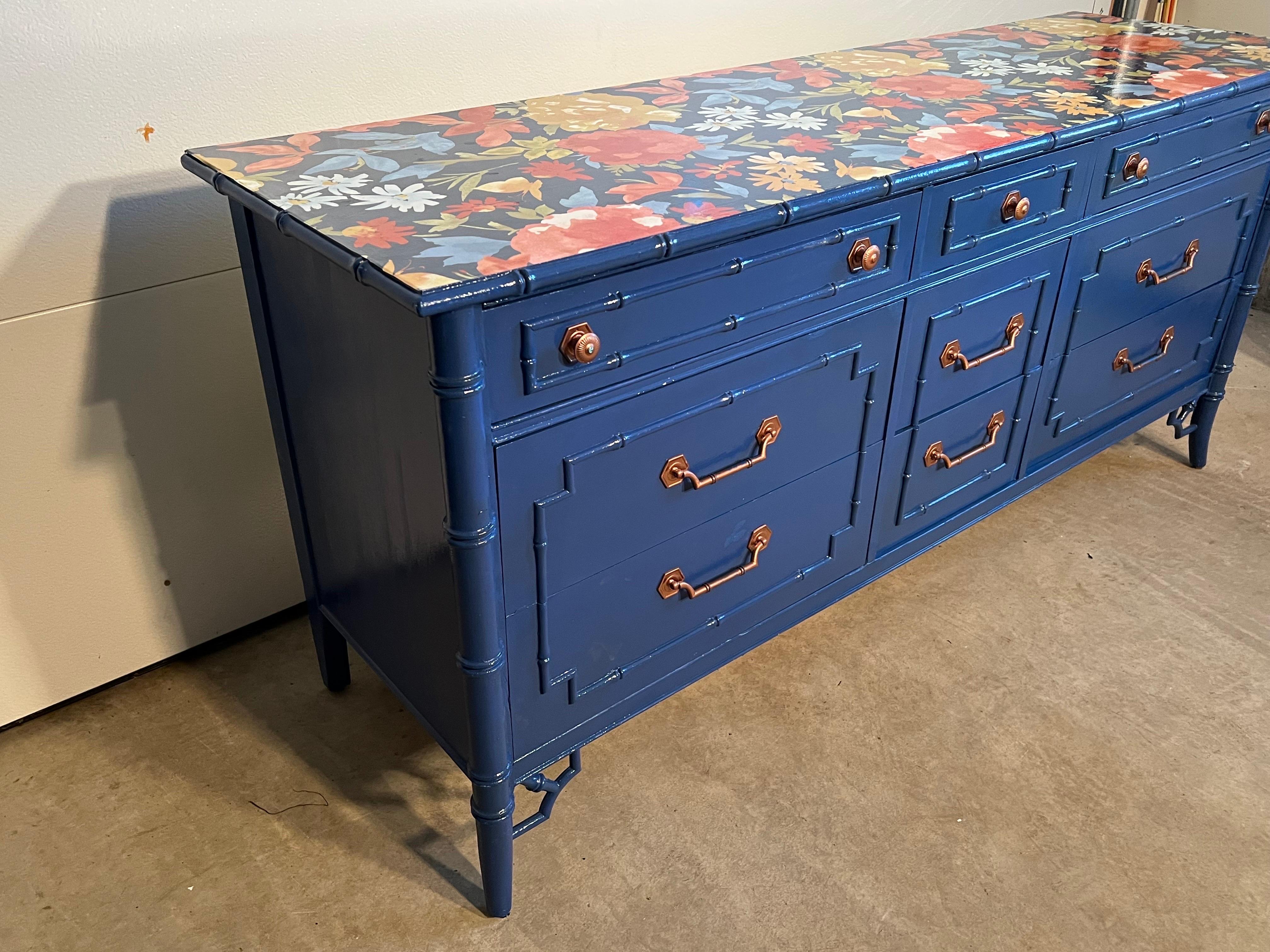 Late 20th Century Chinoserie Faux Bamboo Dresser in Blue For Sale