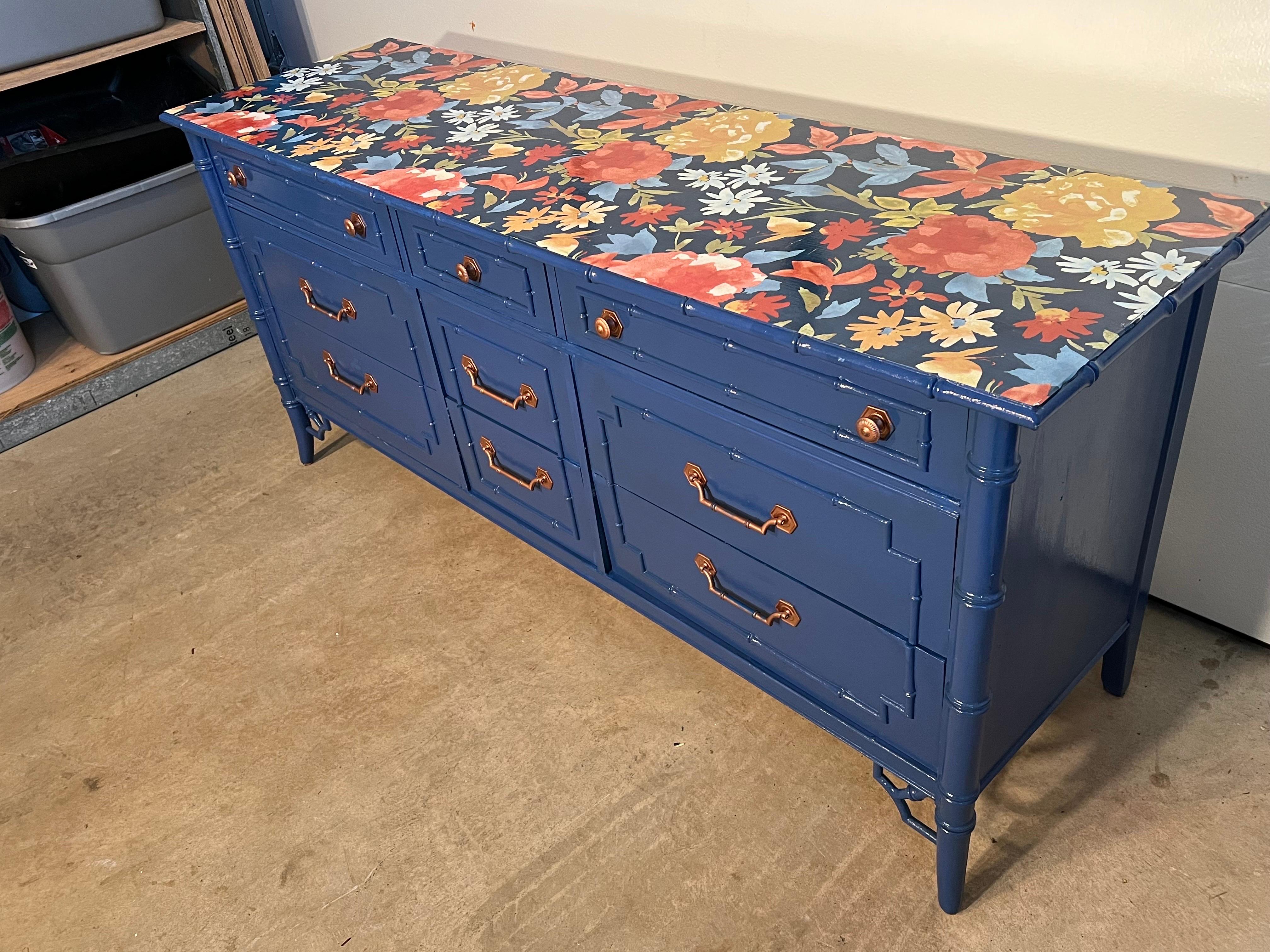 Metal Chinoserie Faux Bamboo Dresser in Blue For Sale