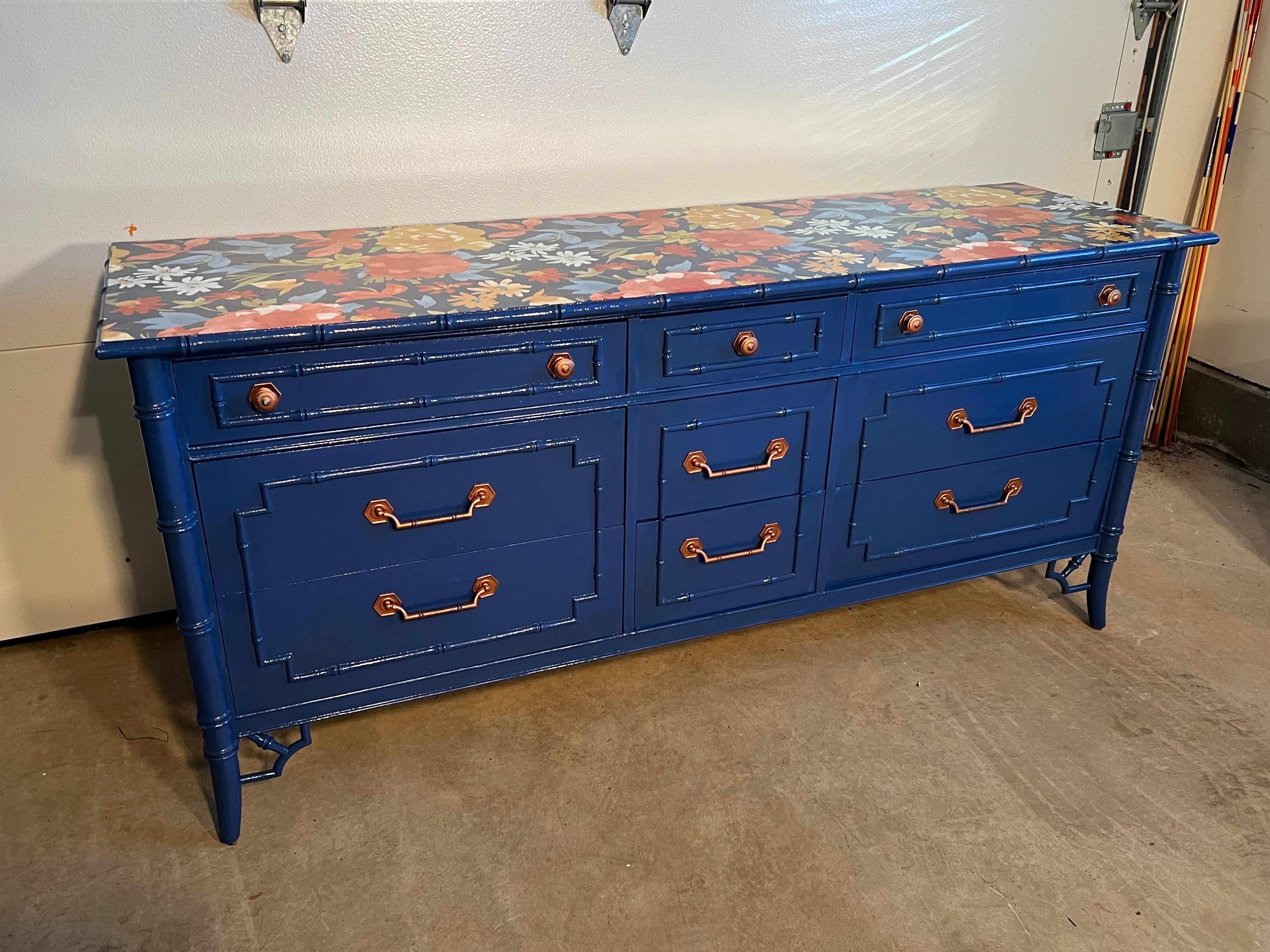Chinoserie Faux Bamboo Dresser in Blue For Sale 3