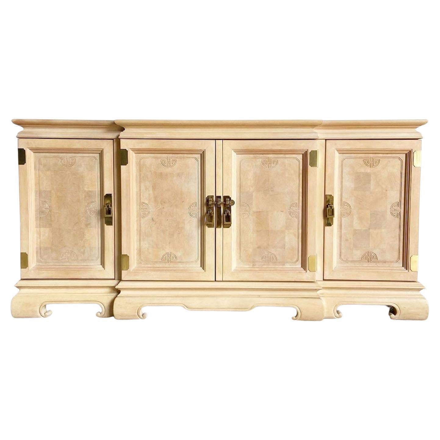 Chinoserie Wooden Credenza With Brass Handles and Burl Doors For Sale