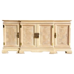 Retro Chinoserie Wooden Credenza With Brass Handles and Burl Doors