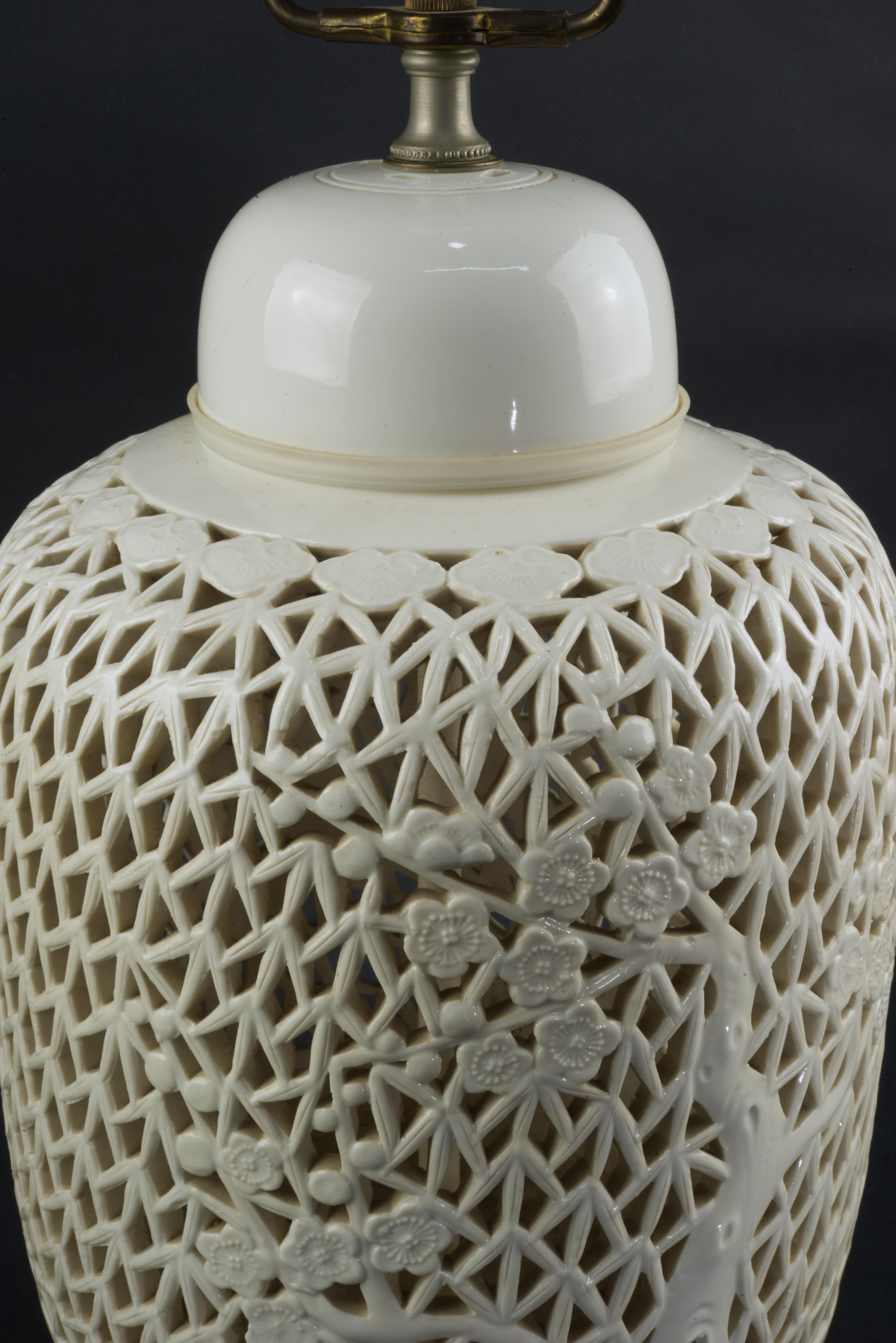 Brass Mid Century Reticulated Porcelain Blanc De Chine Table Lamp