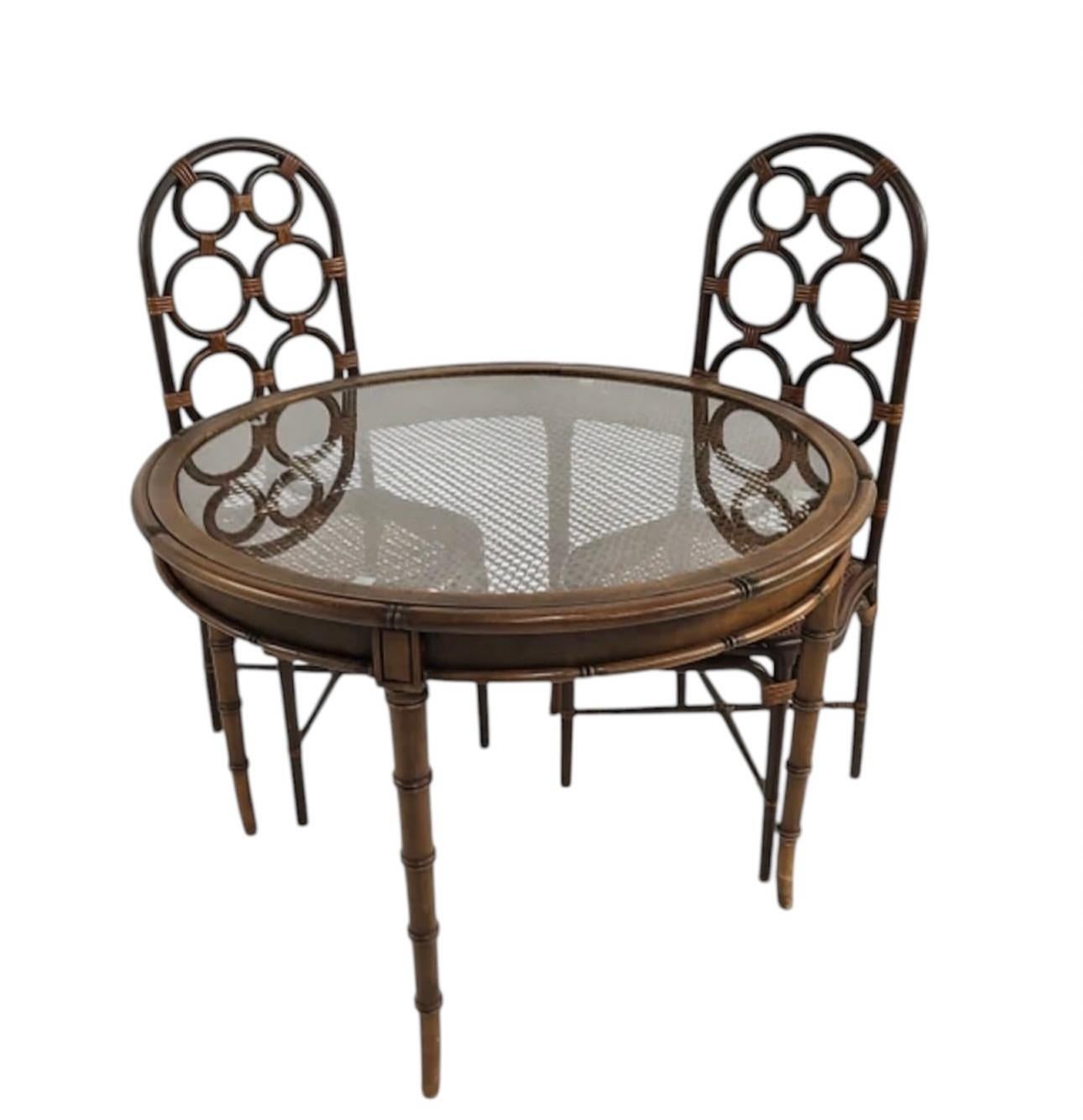 Cineserie Tavolo da pranzo Chinosorie Faux Bamboo Cane Glass Top Breakfast Game in vendita