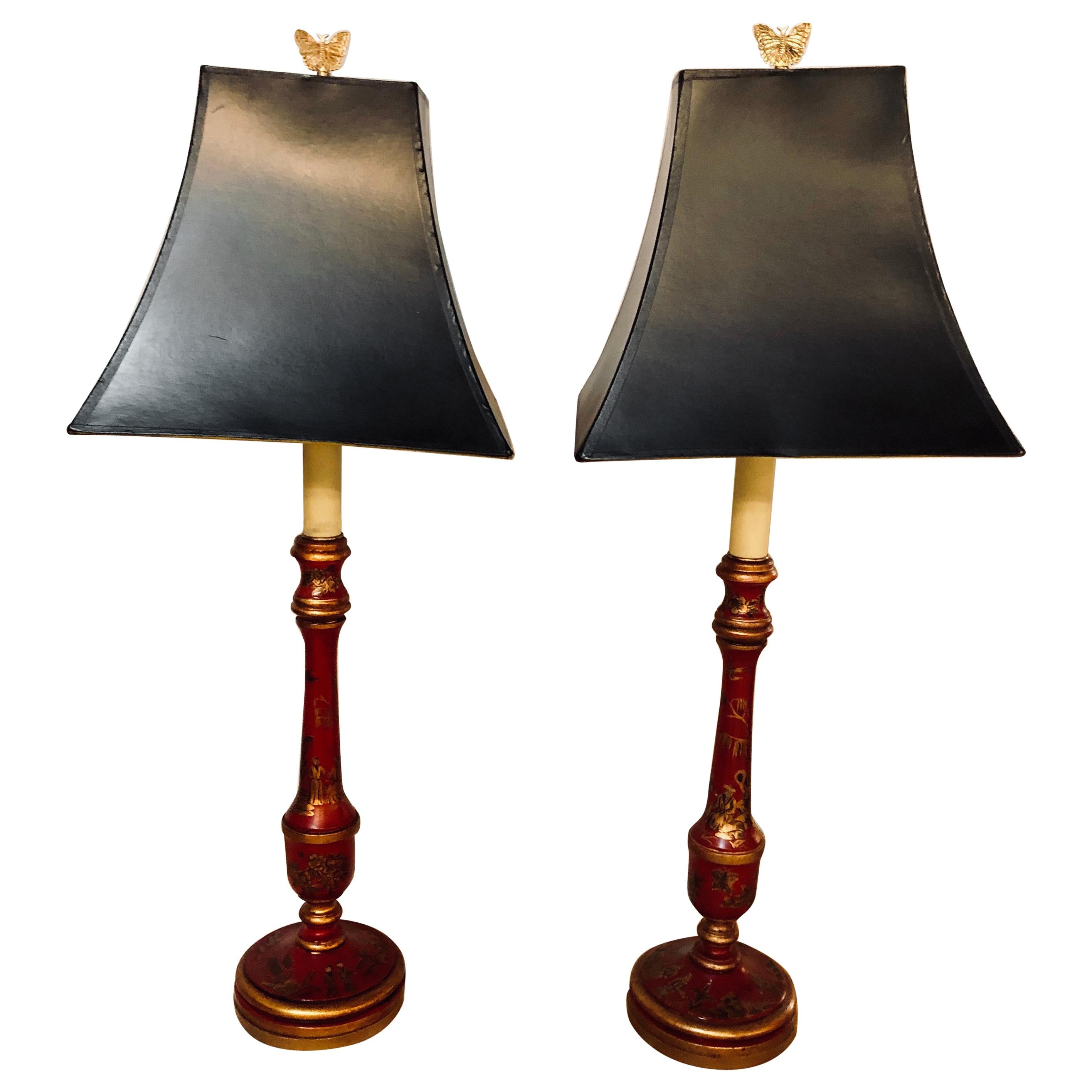 Chinroseiere Decorated Antique Candle-Prick Table Lamps with Custom Shades, Pair