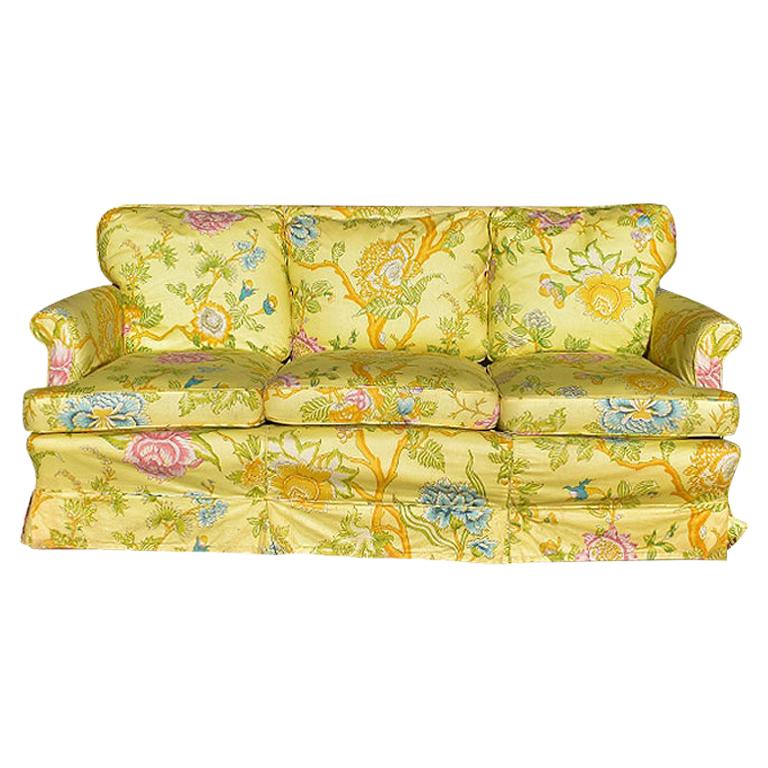 Chintz Yellow Floral Couch Slip Cover Over Red Mid Century Fabric, Seats 3