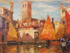 Chioggia Canal, Eugenio Bonivento Oil on Wood Marine Italian Painting