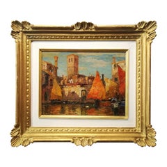 Chioggia Canal, Eugenio Bonivento Oil on Wood Marine Italian Painting