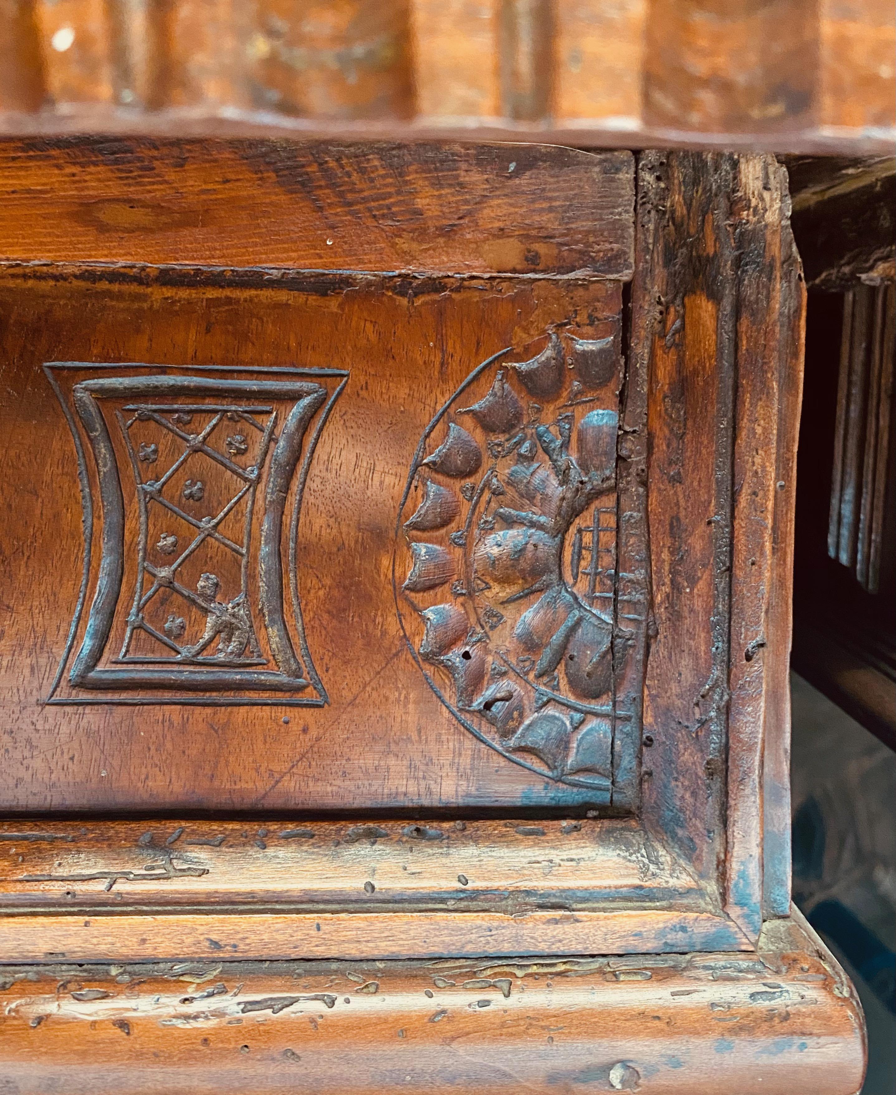 17th Century 17th Cent. Portugese Chip Carved Desk, w. Portraits of Royalty on top and sides