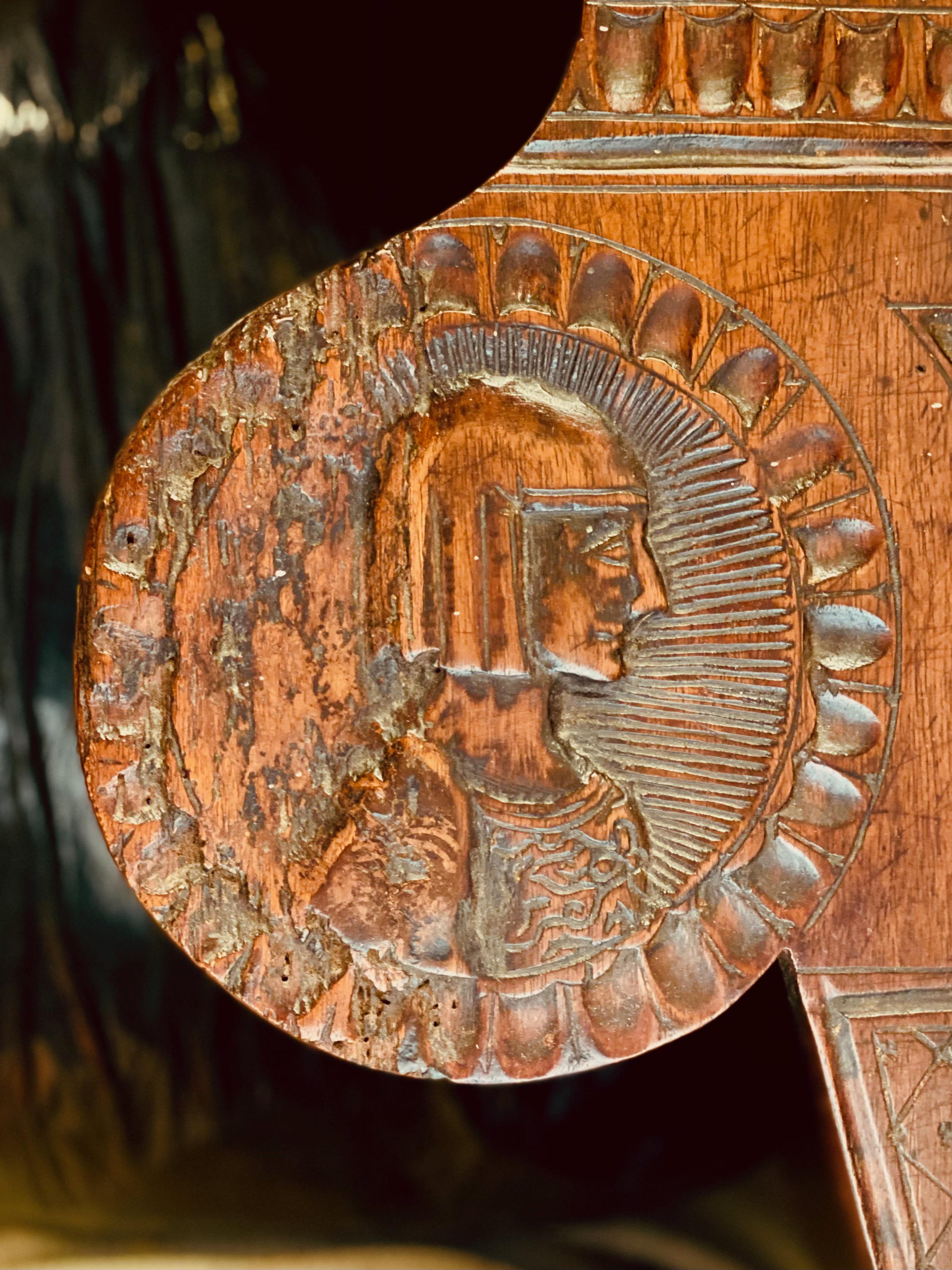 Walnut 17th Cent. Portugese Chip Carved Desk, w. Portraits of Royalty on top and sides