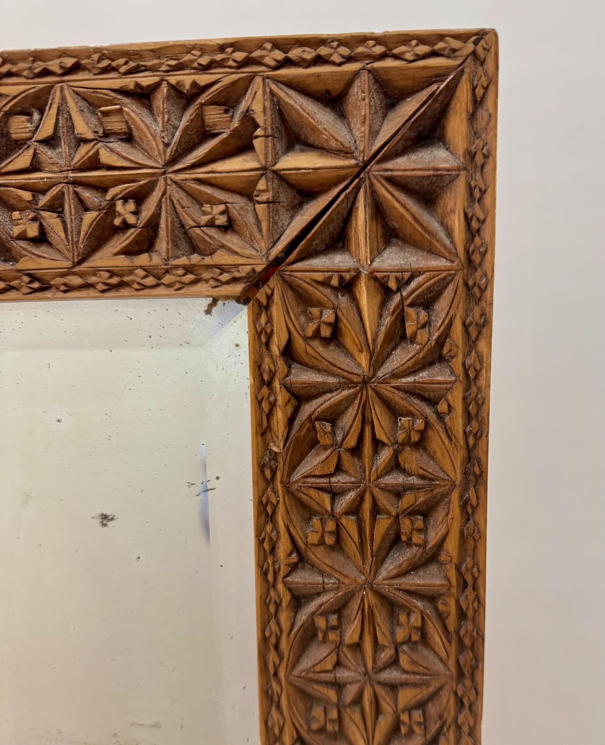 Folk Art Chip Carved Mirror Frame With Bevelled  Mirror For Sale