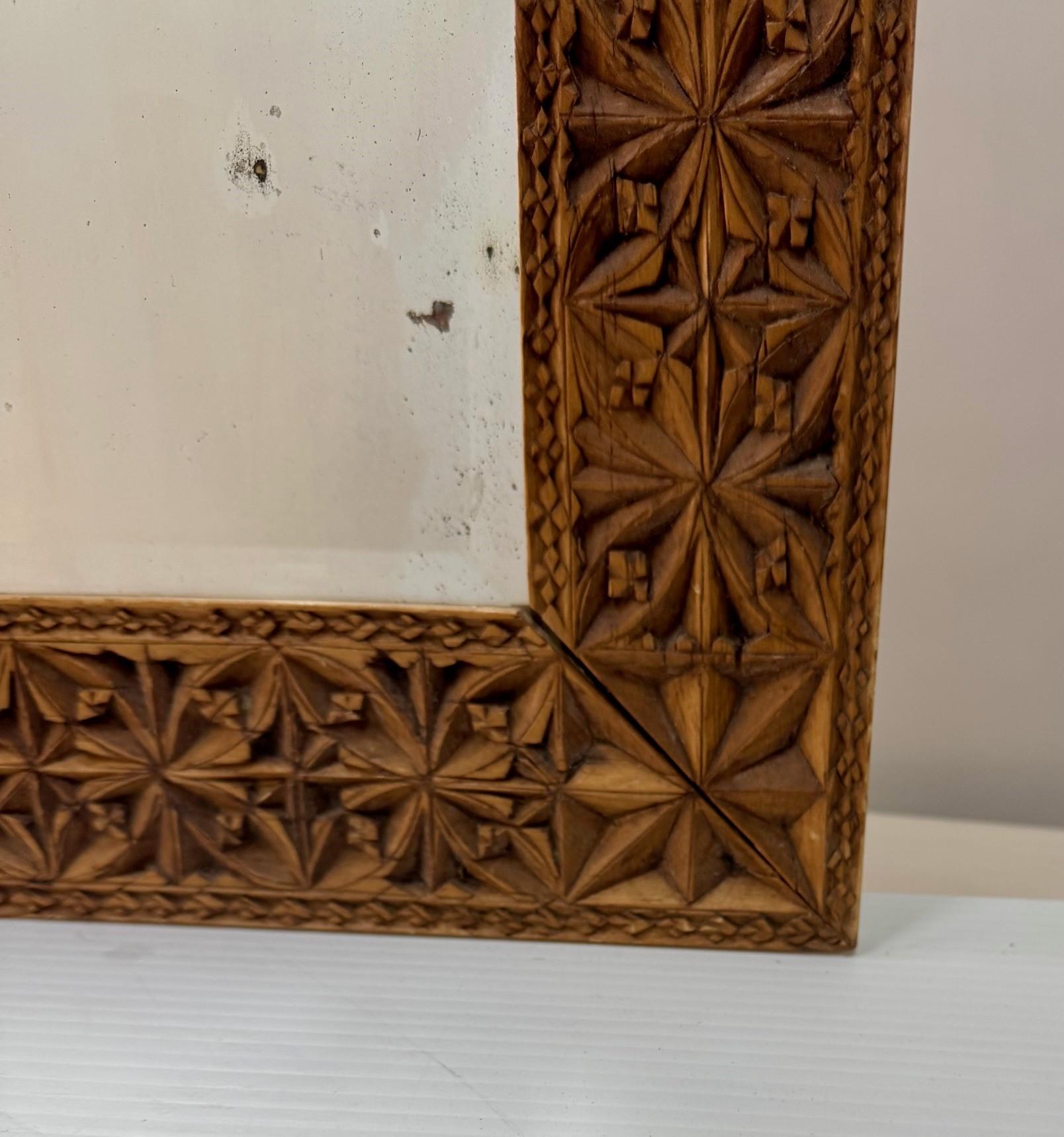 American Chip Carved Mirror Frame With Bevelled  Mirror For Sale