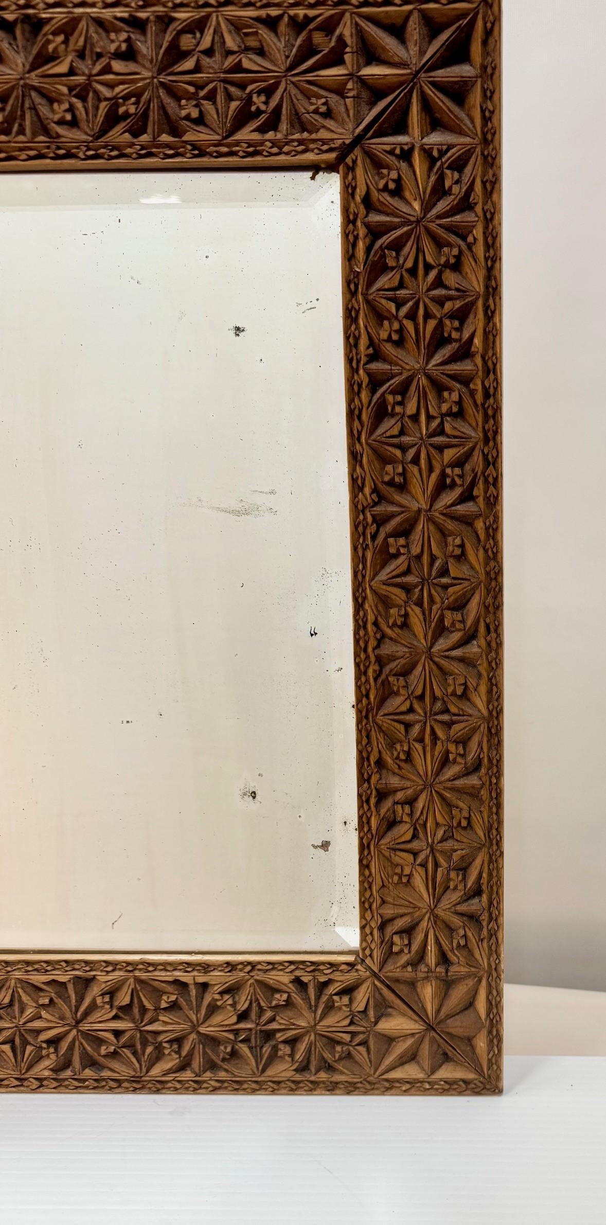 Hand-Carved Chip Carved Mirror Frame With Bevelled  Mirror For Sale