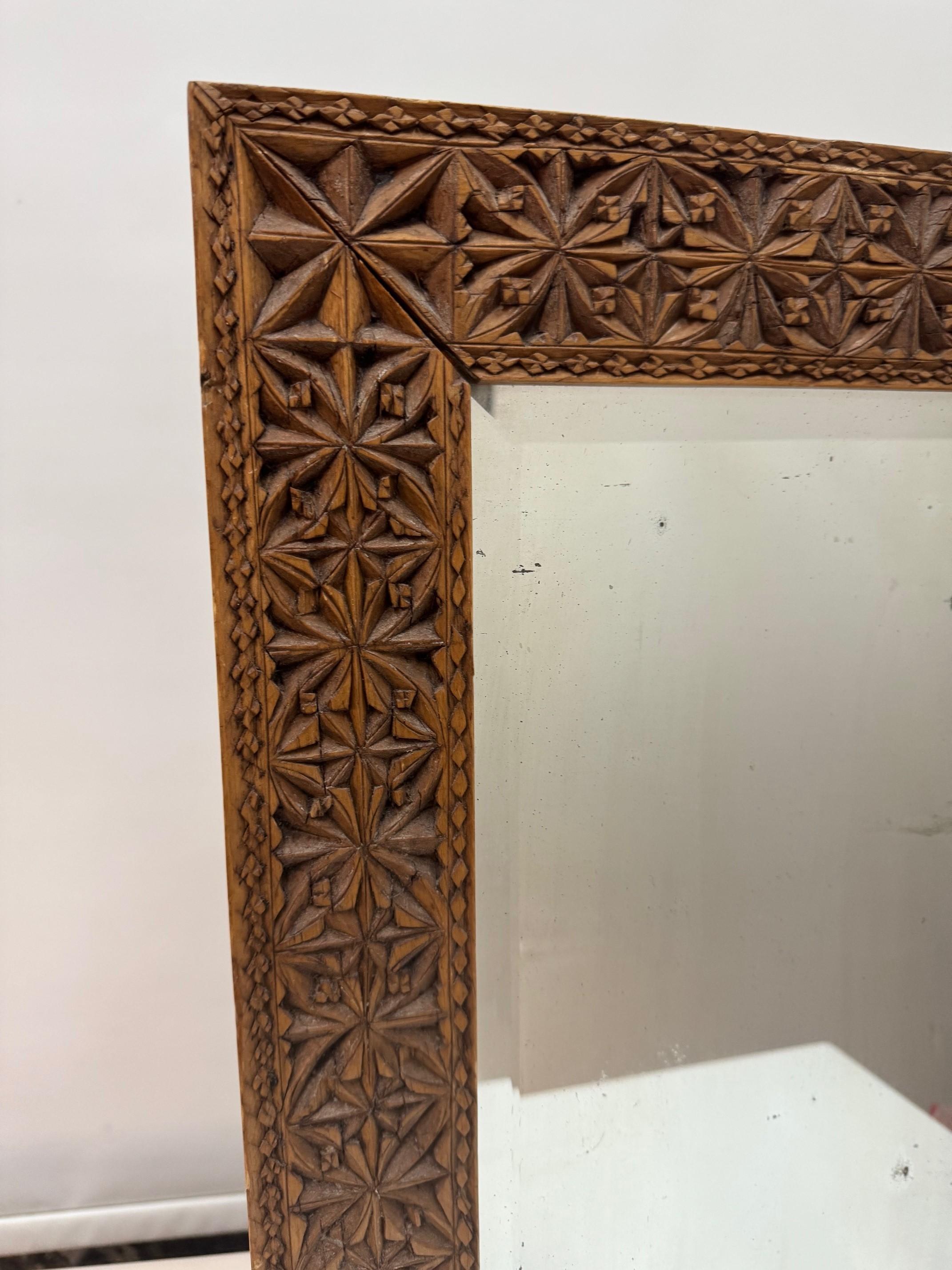 Chip Carved Mirror Frame With Bevelled  Mirror In Good Condition For Sale In Montreal, QC
