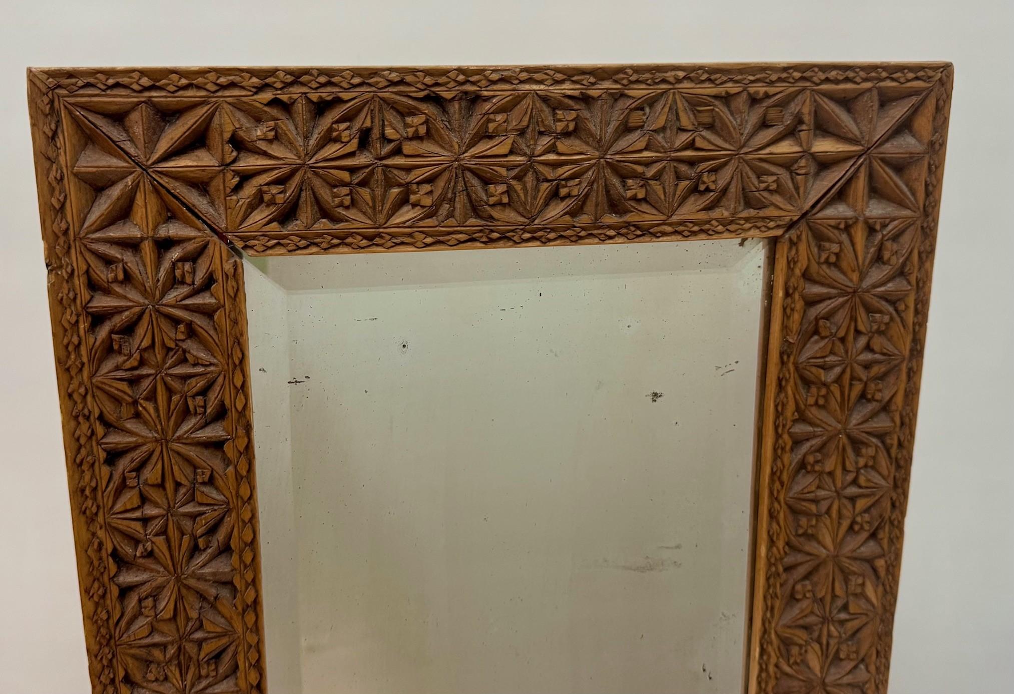 20th Century Chip Carved Mirror Frame With Bevelled  Mirror For Sale