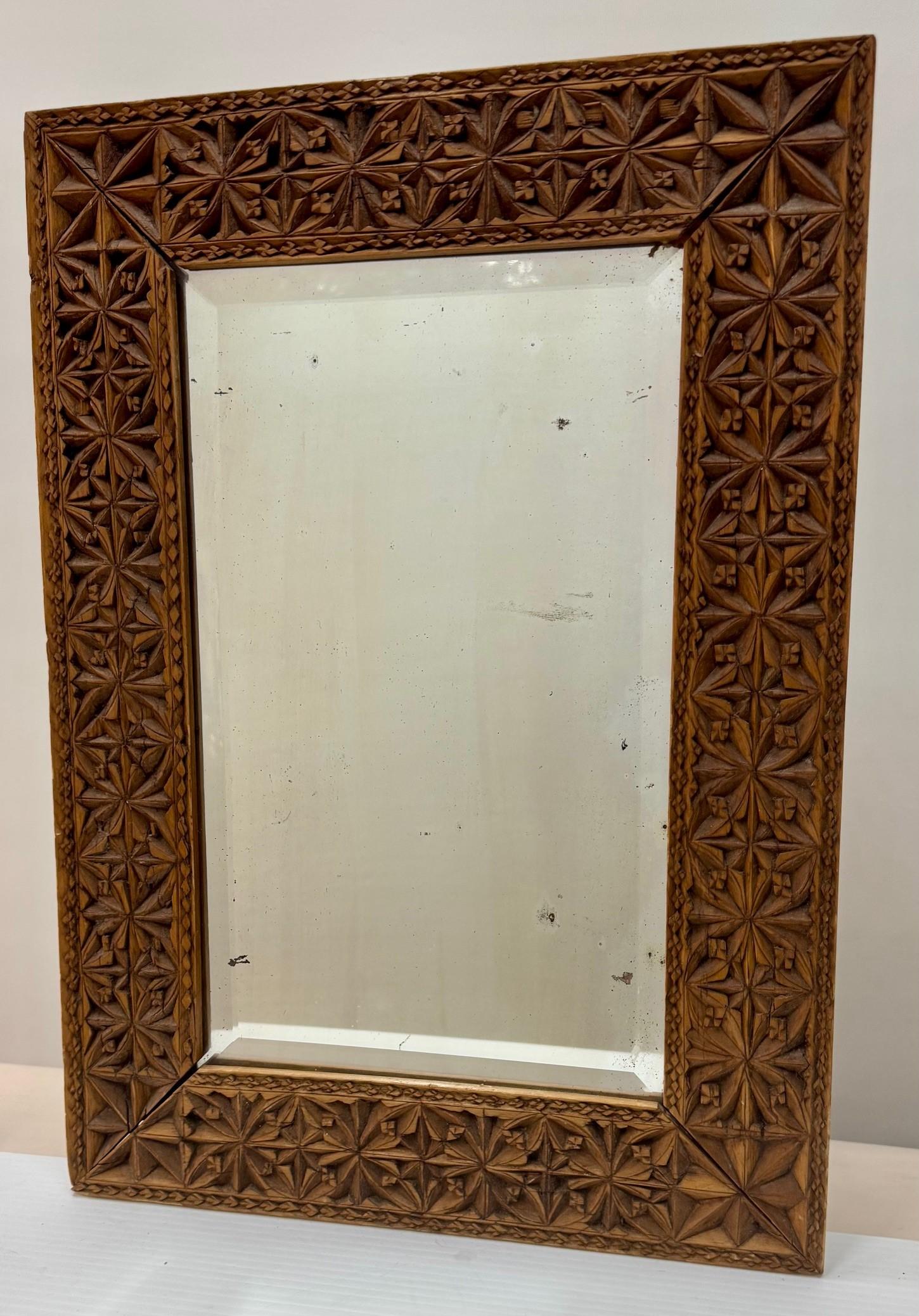 Wood Chip Carved Mirror Frame With Bevelled  Mirror For Sale
