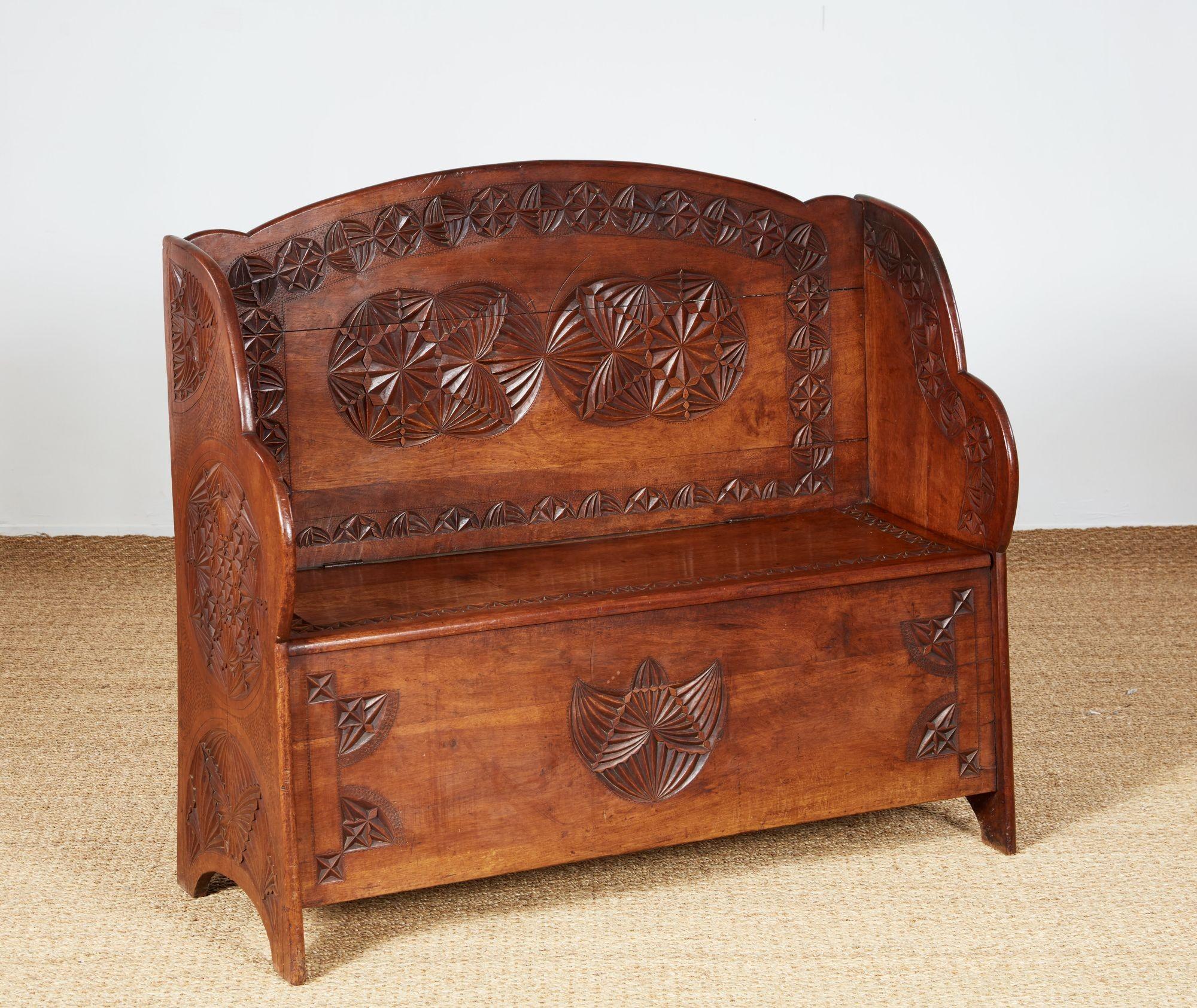 Swedish Chip Carved Settle Bench For Sale