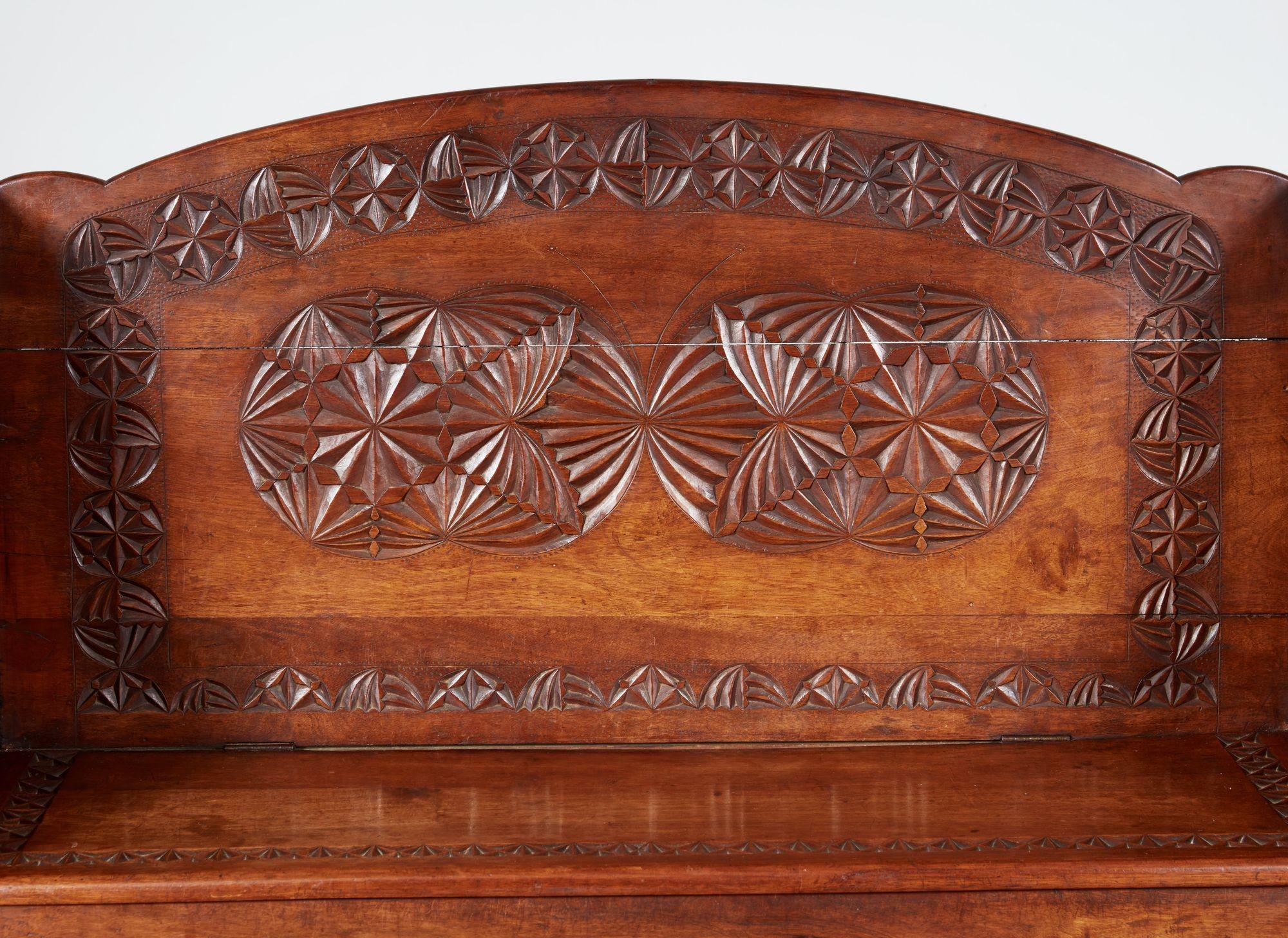 Early 20th Century Chip Carved Settle Bench For Sale