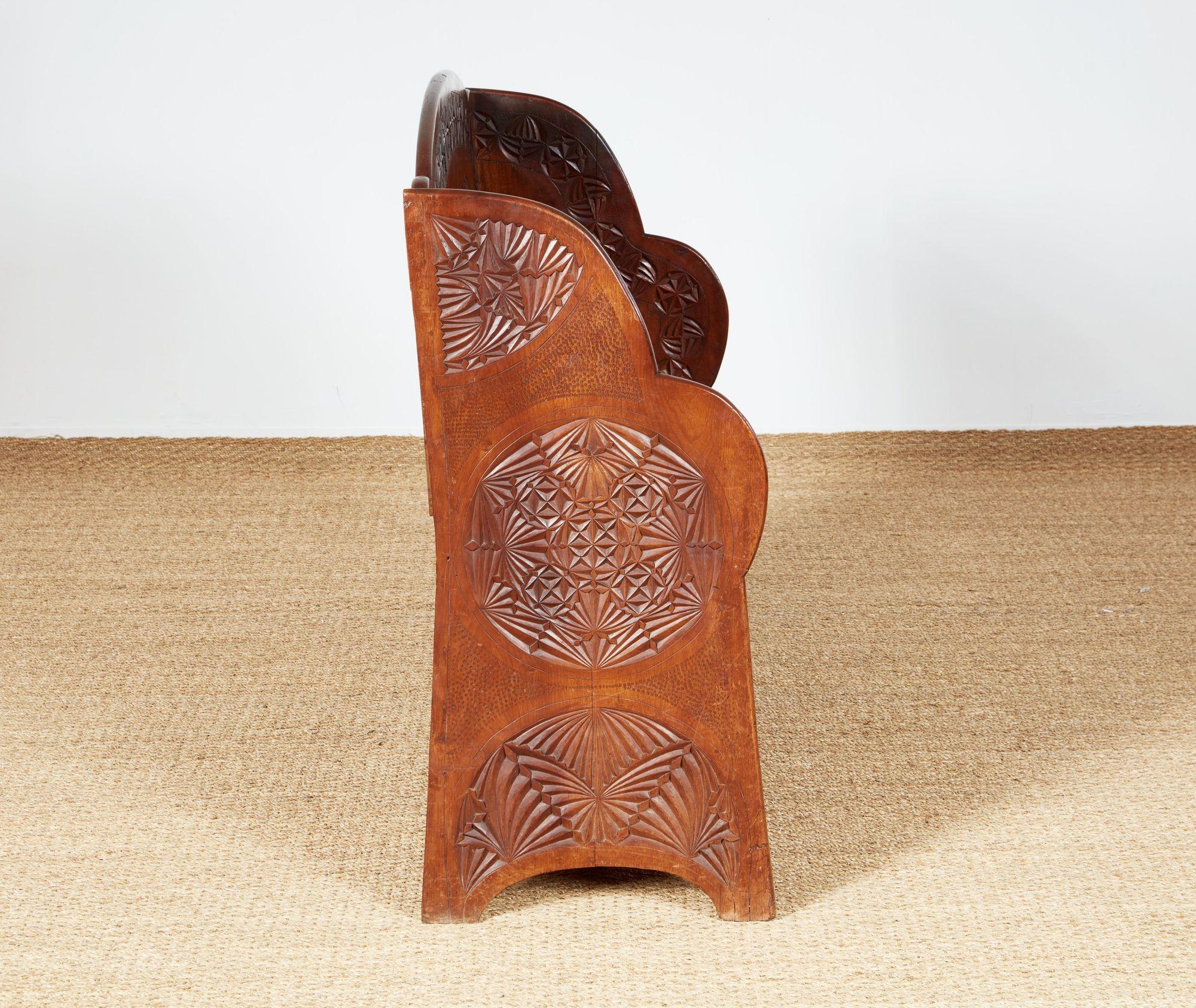Birch Chip Carved Settle Bench For Sale