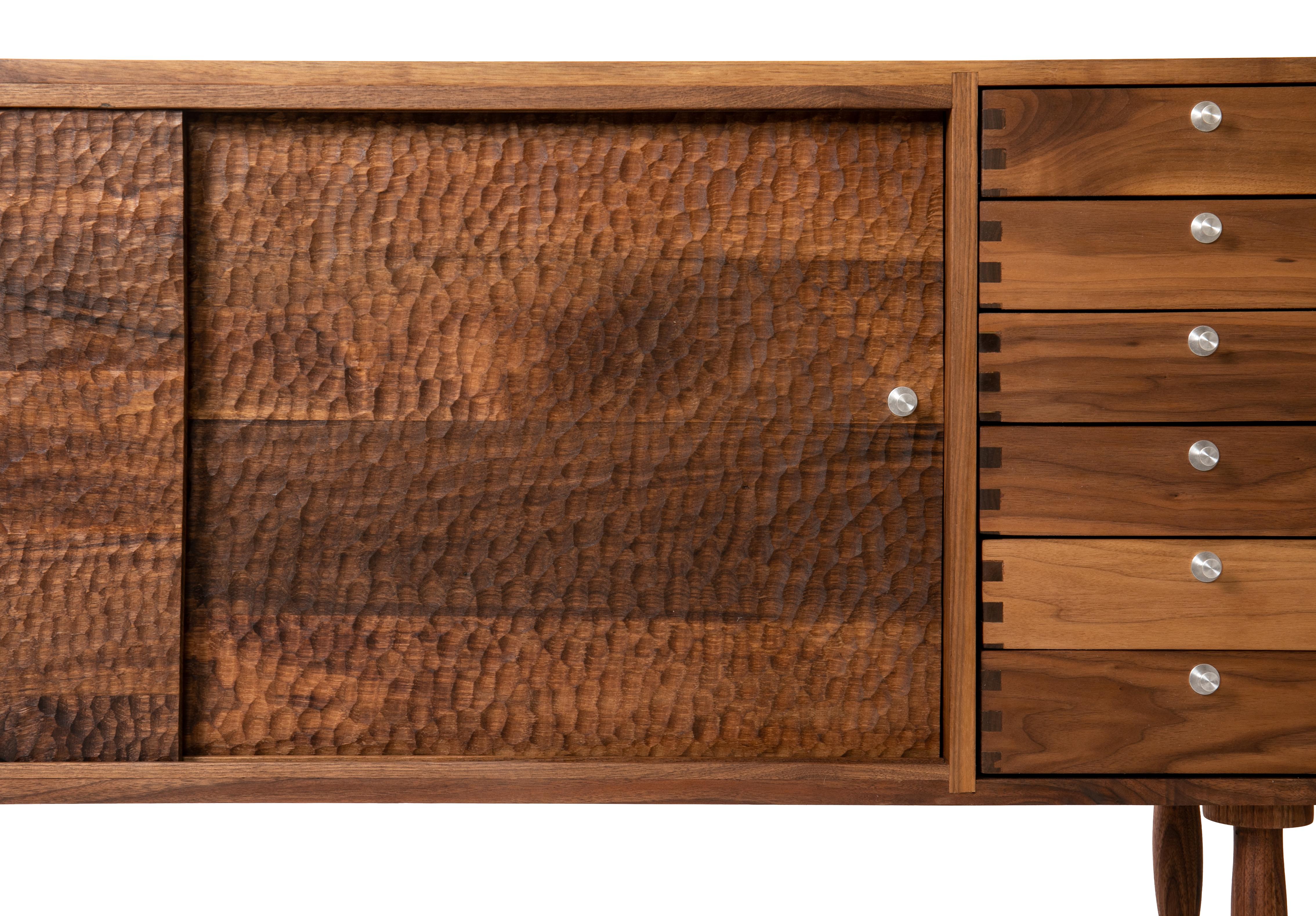American Chip carved walnut cabinet sideboard with sliding doors by Michael Rozell - new  For Sale