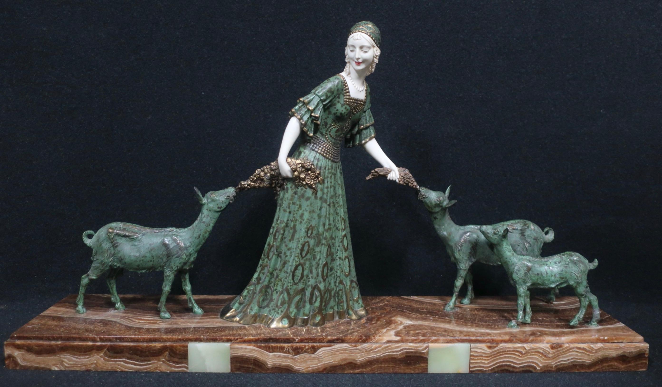 Hand-Crafted Chiparus Art Deco Figural Group 'Friends' Lady with Goats