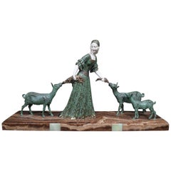 Chiparus Art Deco Figural Group 'Friends' Lady with Goats