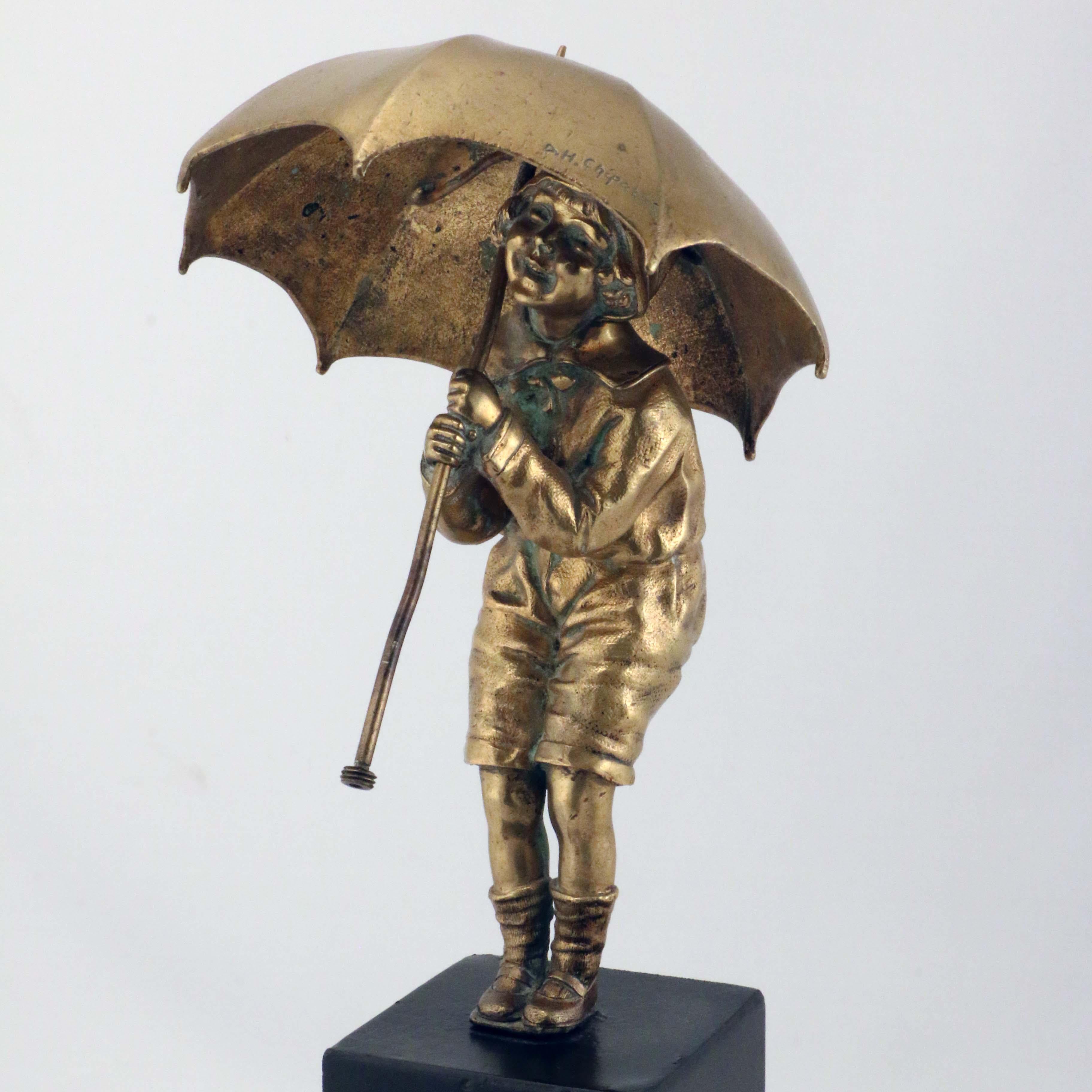 Art Deco Chiparus Bronze Figure, Girl with Umbrella For Sale