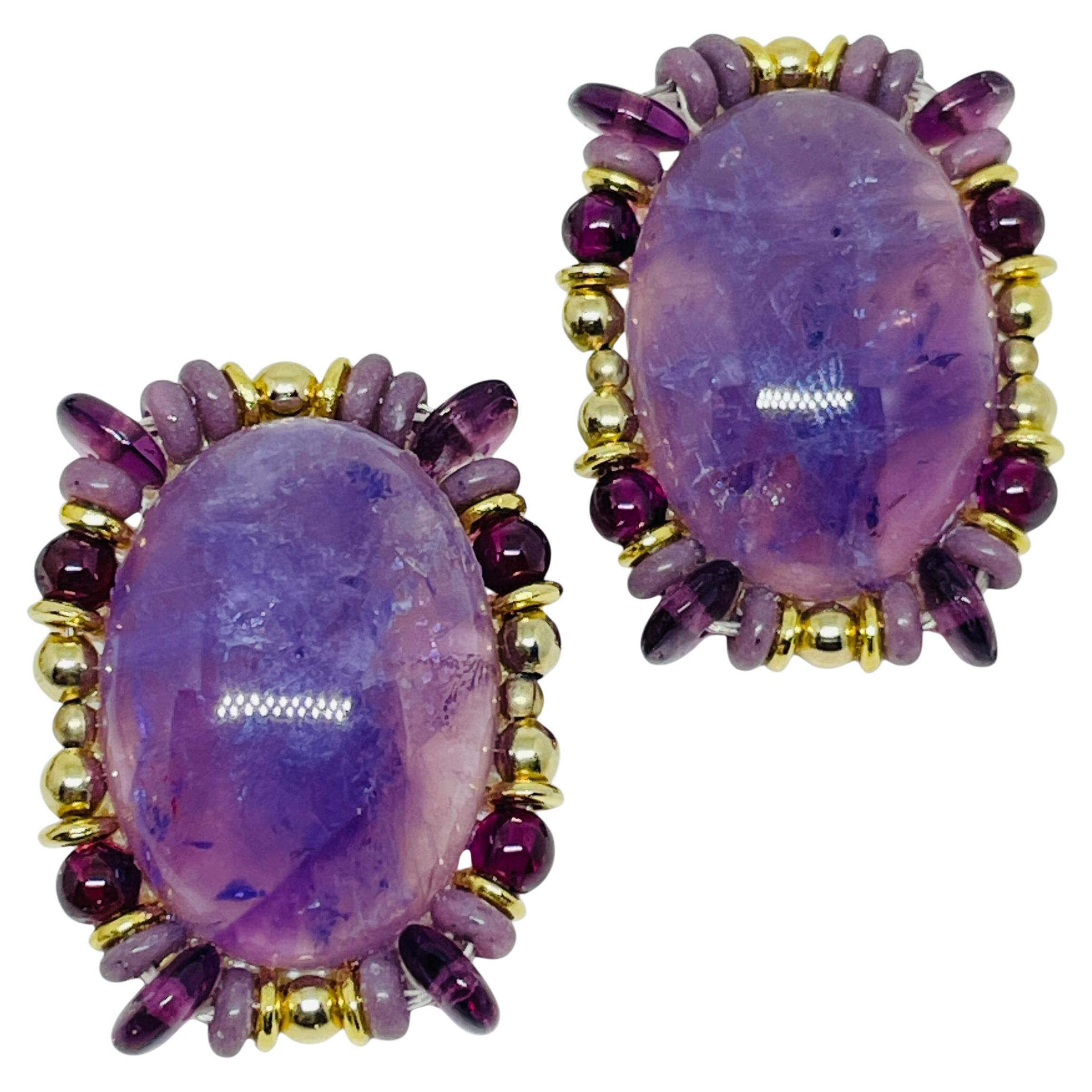 CHIPITA signed vintage gold tone purple amethyst gemstone designer clip earrings