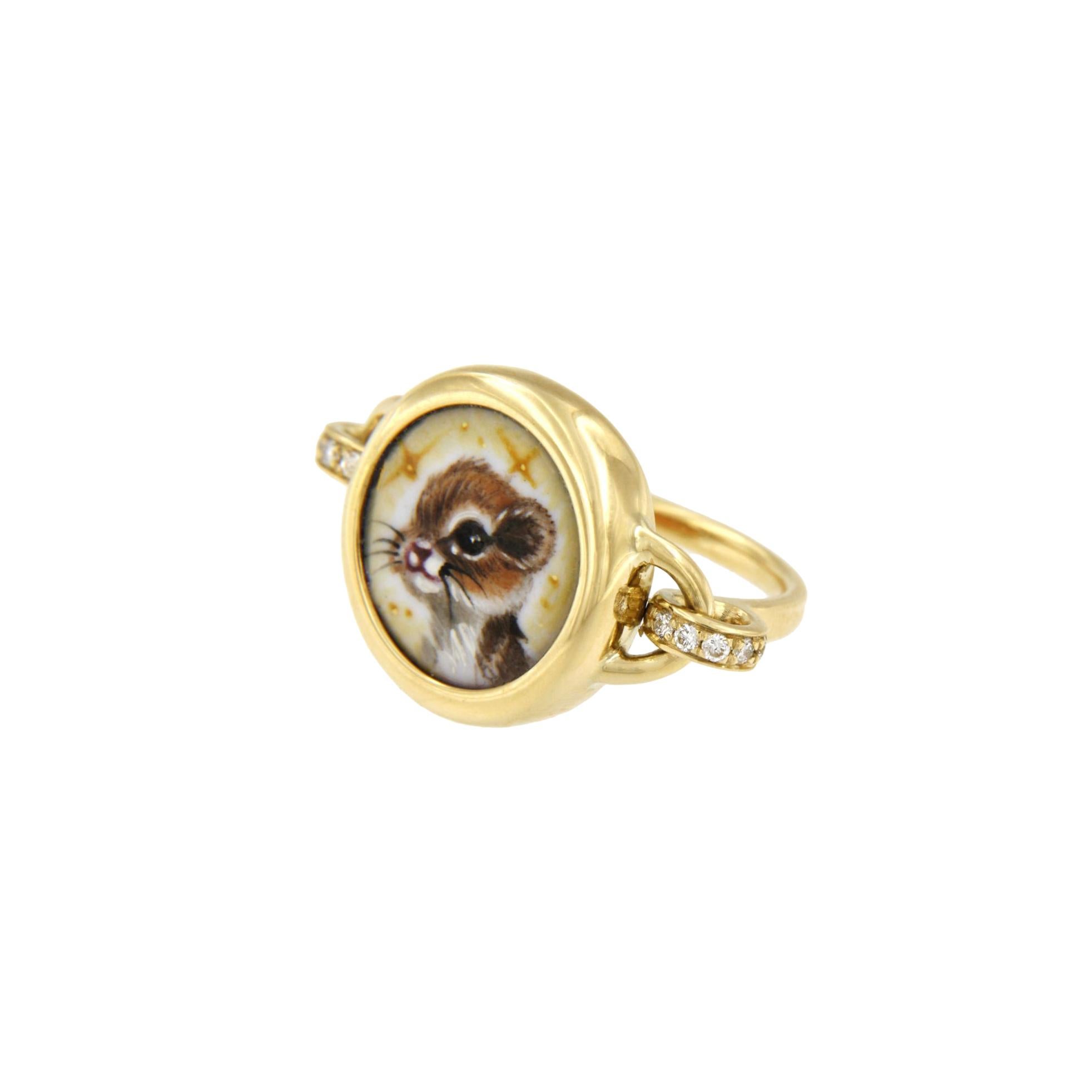 This 18K gold cocktail ring features a Chipmunk that is hand-painted in enamel by our artisan based in Milan, Italy. The ring is embellished with diamonds on each side. This exclusive ring makes for a unique and luxurious gift for the animal lover