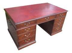 Chippendale 18th Century Mahogany Library Partner's Desk with Red Leather Top