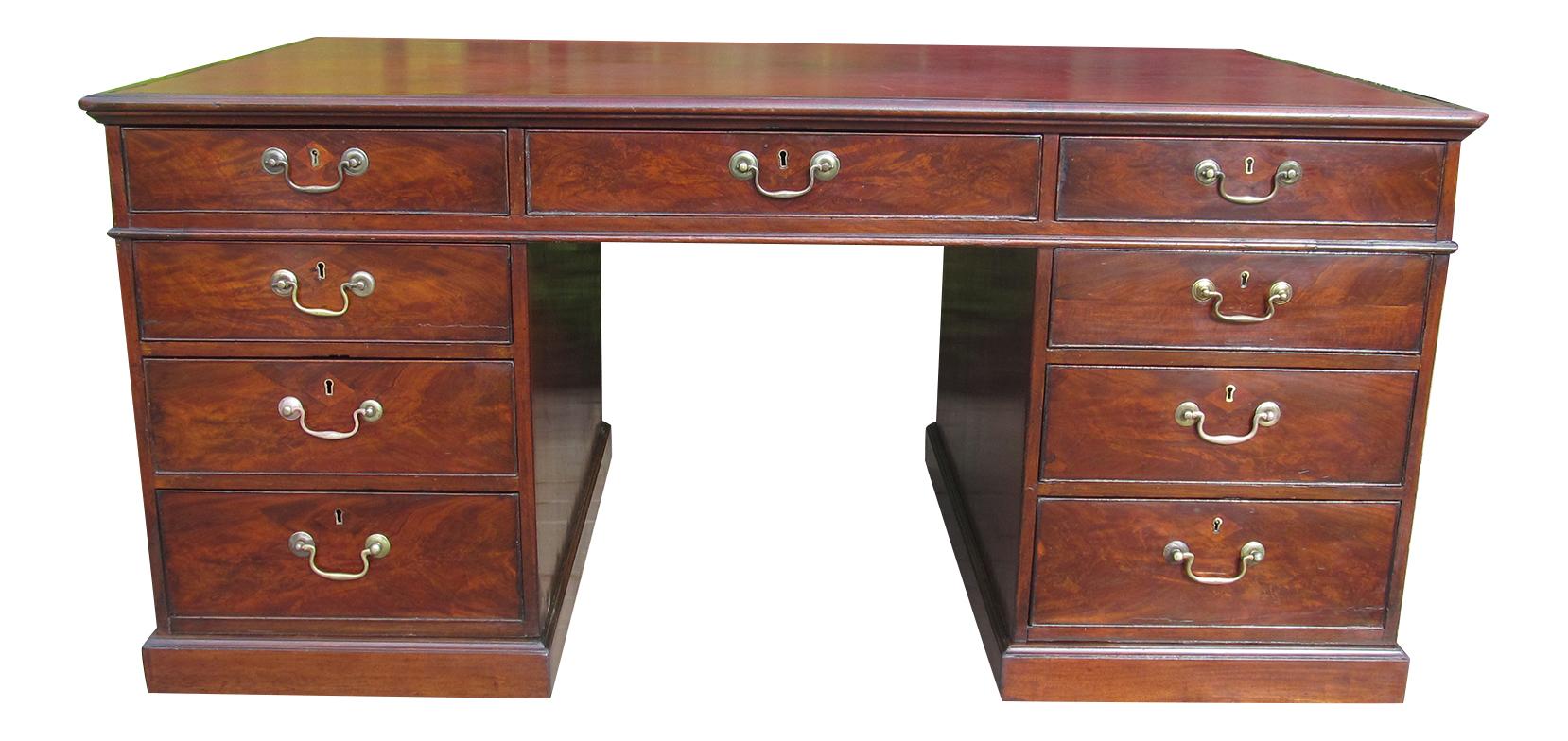 English Chippendale 18th Century Mahogany Library Partner's Desk with Red Leather Top For Sale