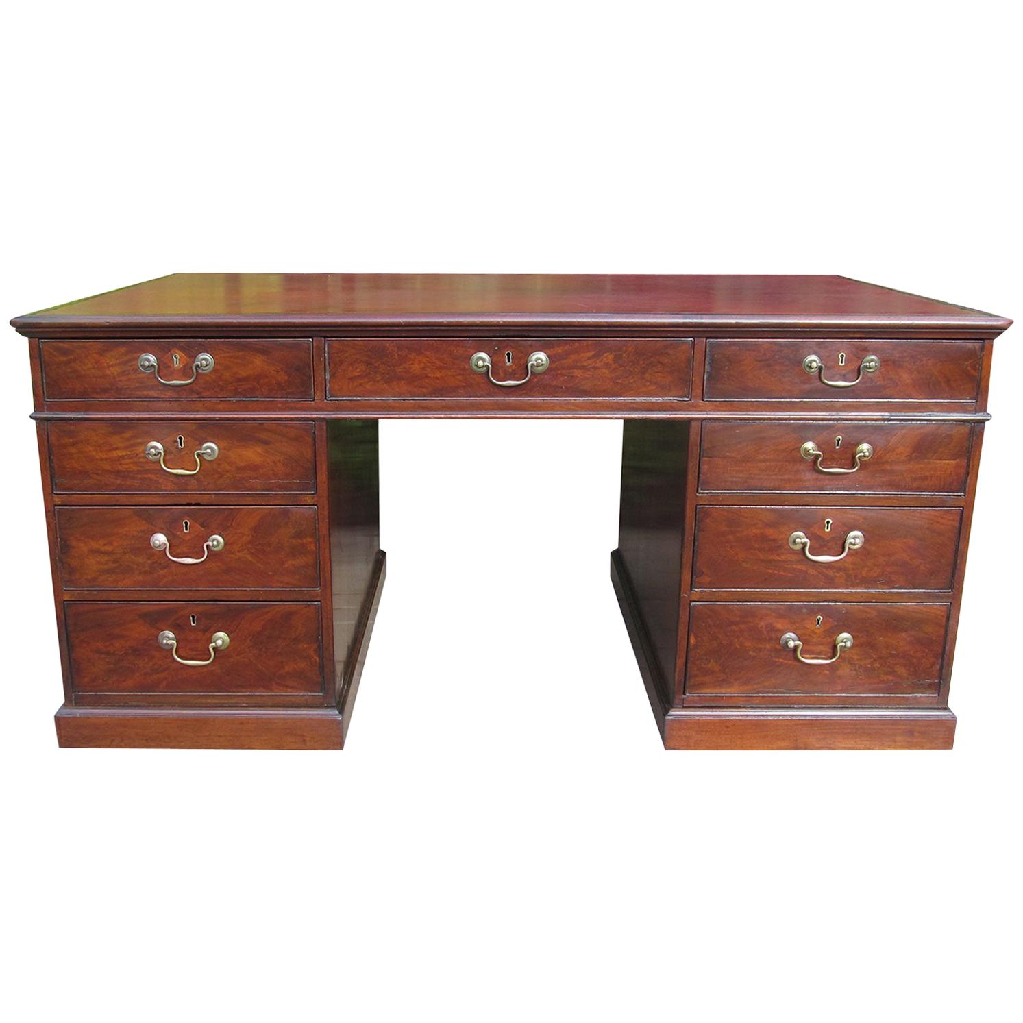 Chippendale 18th Century Mahogany Library Partner's Desk with Red Leather Top For Sale