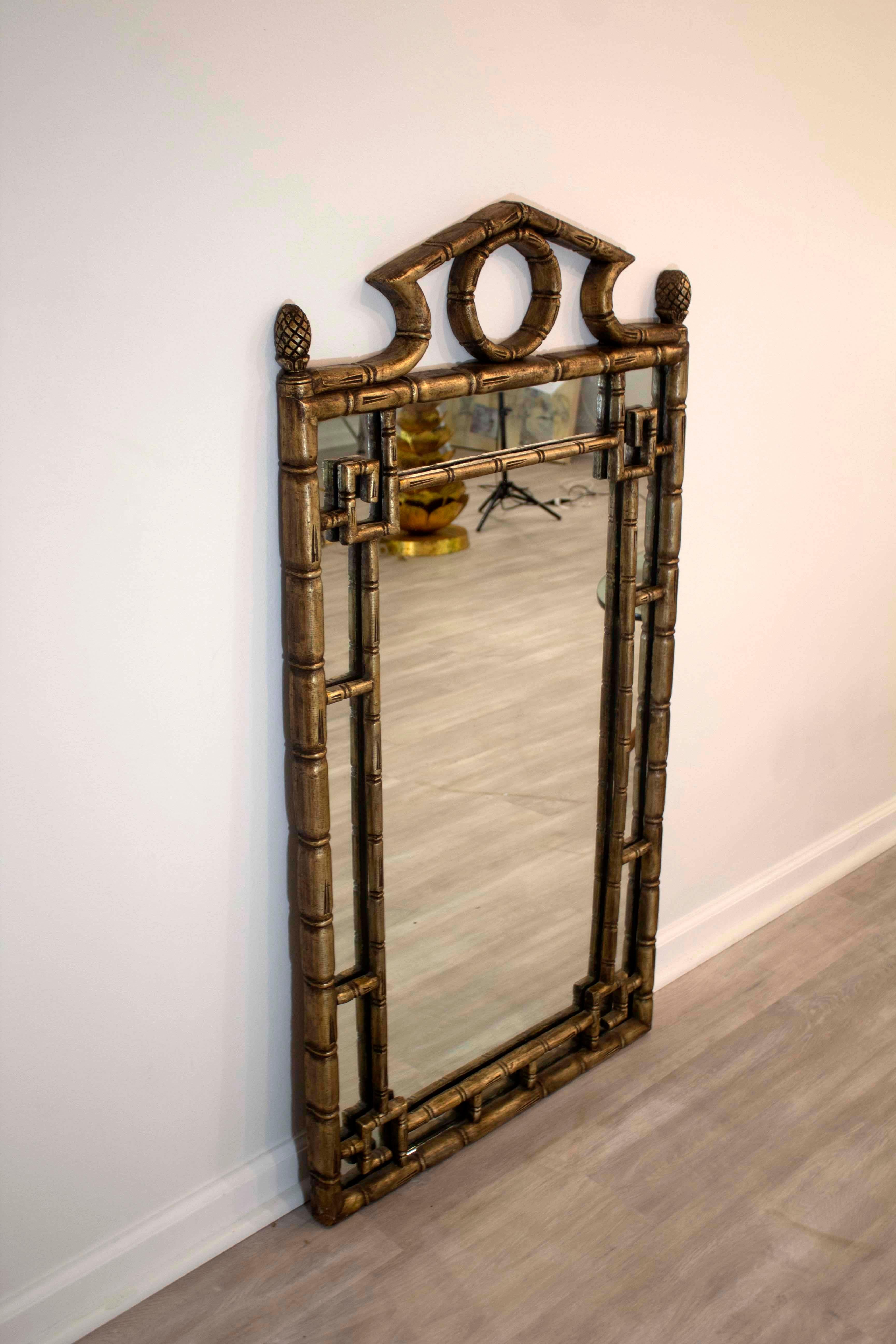 Chippendale & Asian Hollywood Regency Style Resin Gold Mirror w Bamboo Detail 2