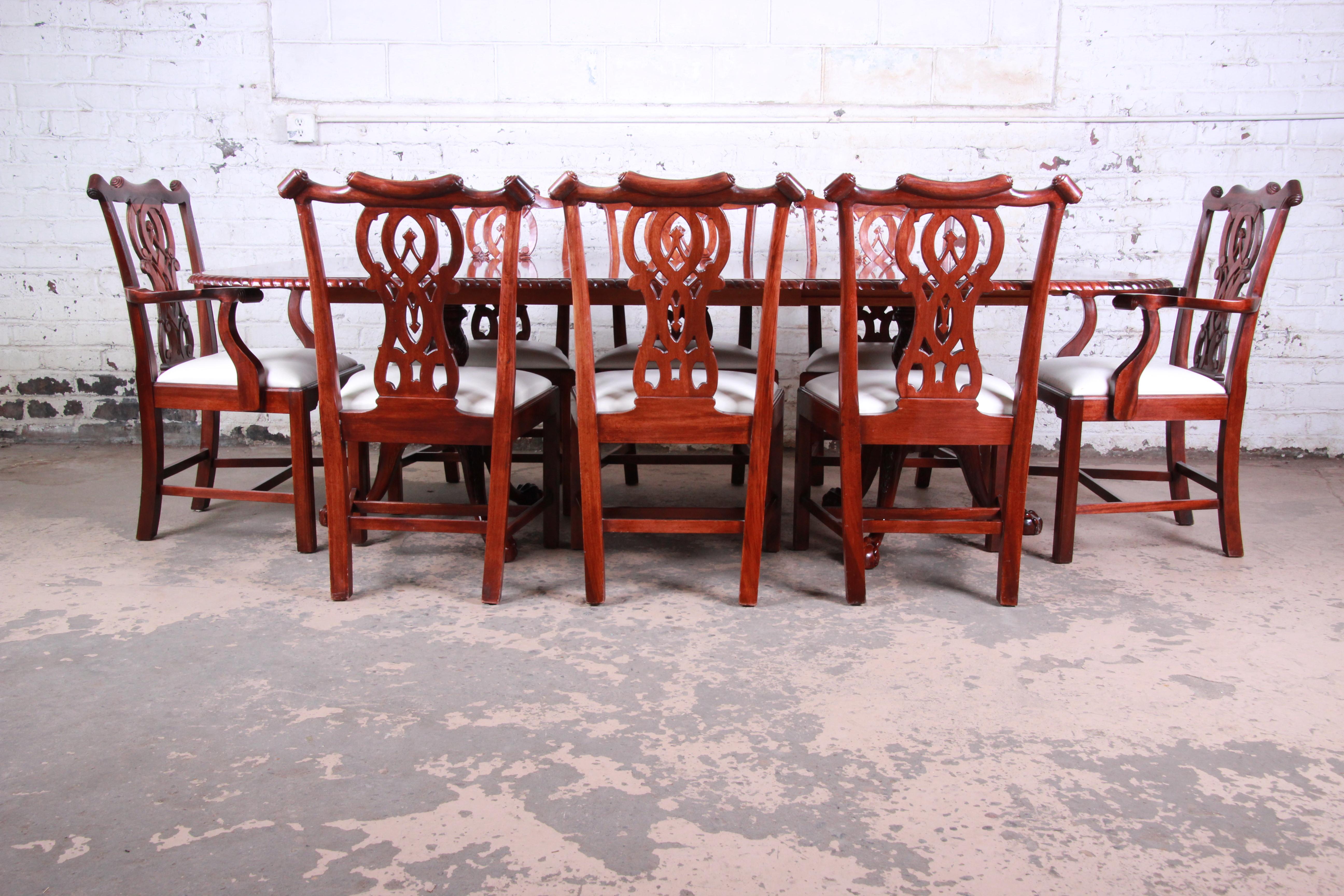 A gorgeous Chippendales style mahogany dining set. The set includes the banded double pedestal extension dining table and eight matching dining chairs, including two captain armchairs.

Set is unmarked but similar in style and quality to Baker or