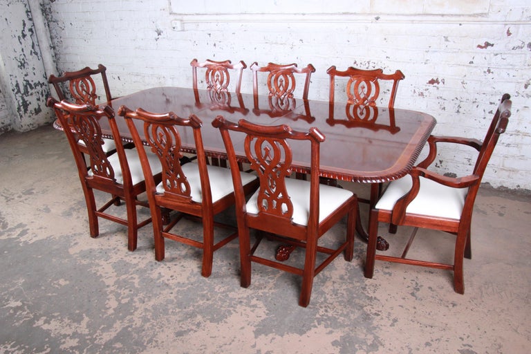 Chippendale Banded Mahogany Double Pedestal Dining Table With Eight Chairs At 1stdibs
